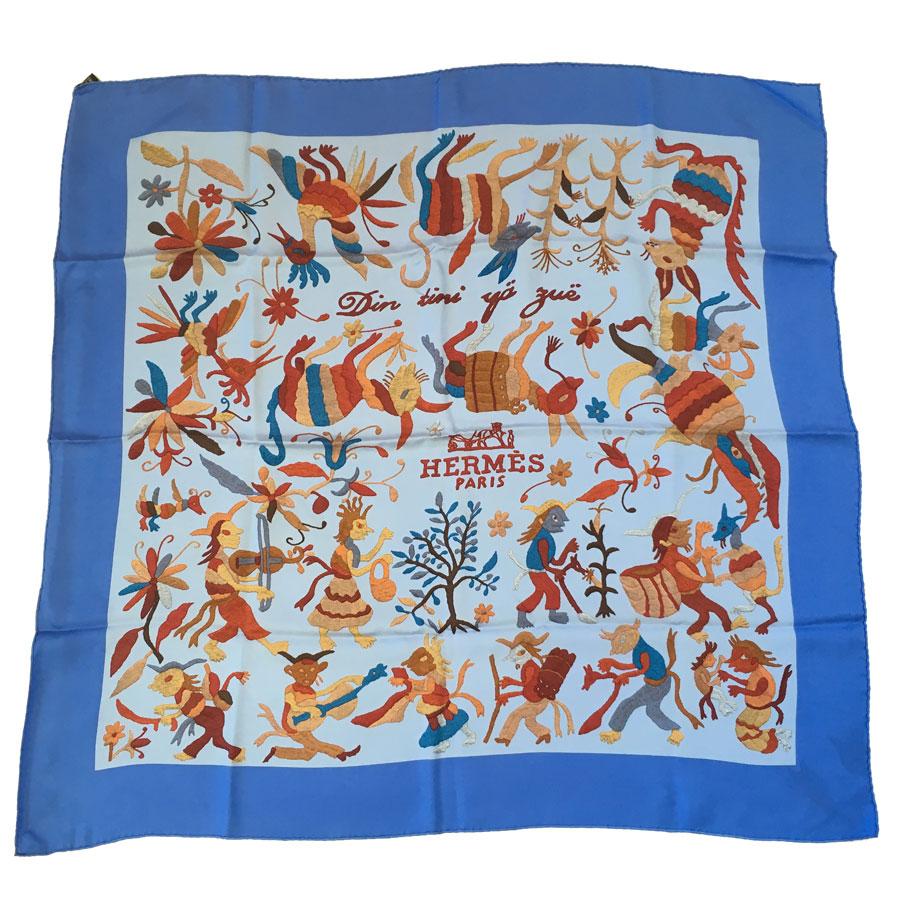 HERMES 'Din Tini Ya Zue' Scarf in Blue Silk For Sale