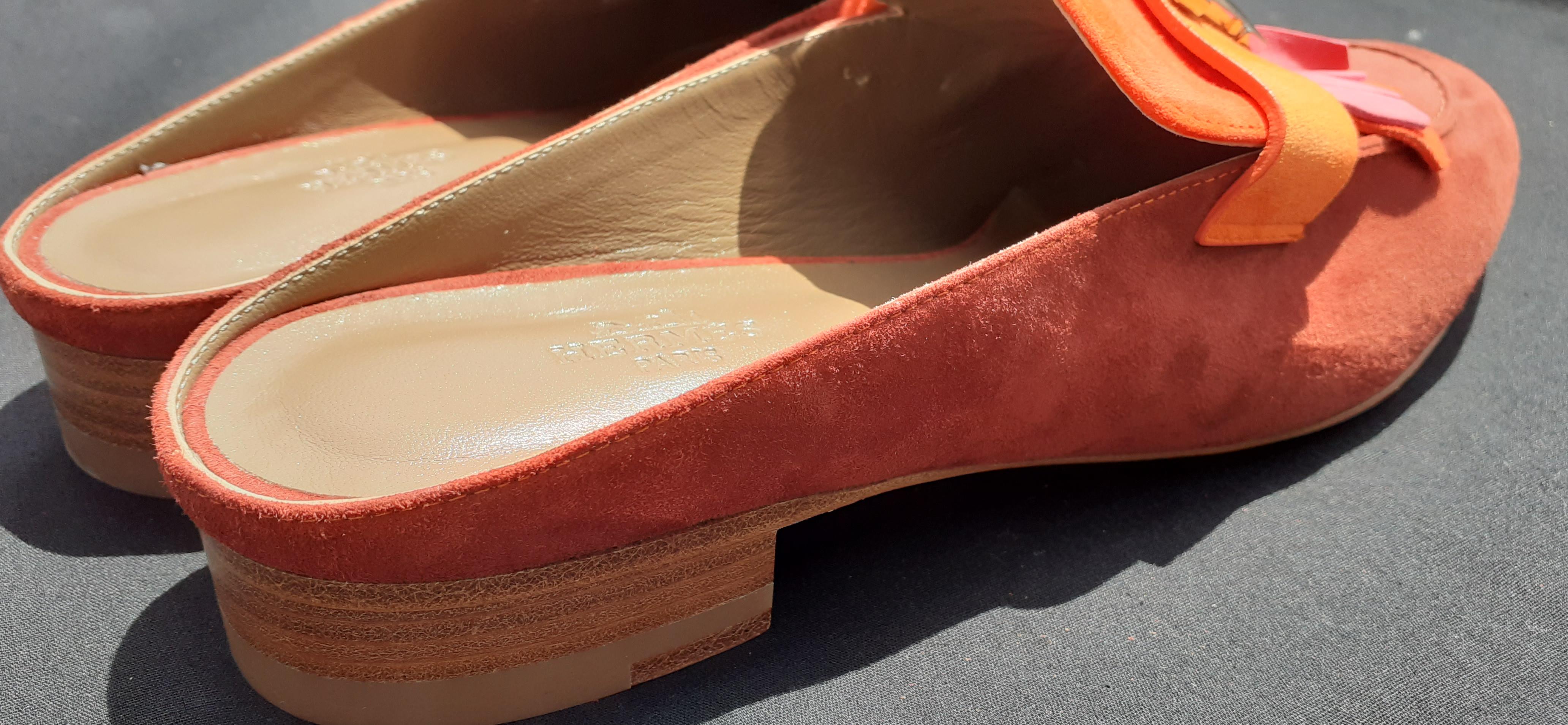 Women's Hermès Doblis Suede Mules Rivoli Shoes Full Leather Tricolor Size 38.5  For Sale