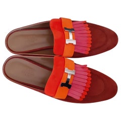 Used Hermès Doblis Suede Mules Rivoli Shoes Full Leather Tricolor Size 38.5 