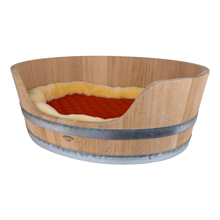 Hermes Dog Bed Oakwood with Two Sided Cushion New w/ Box at 1stDibs