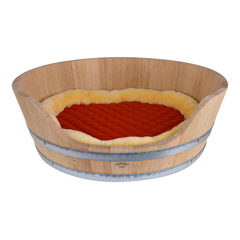 Hermes Dog Bed Oakwood with Two Sided Cushion New w/ Box at 1stDibs