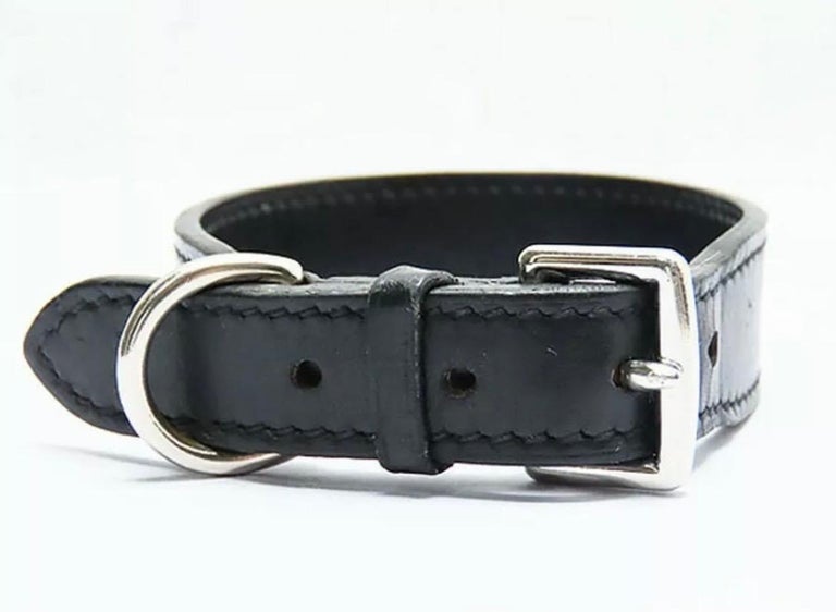 Hermes Dog Black Leather 'H' Silver Pet Dog Two Piece Leash and Collar