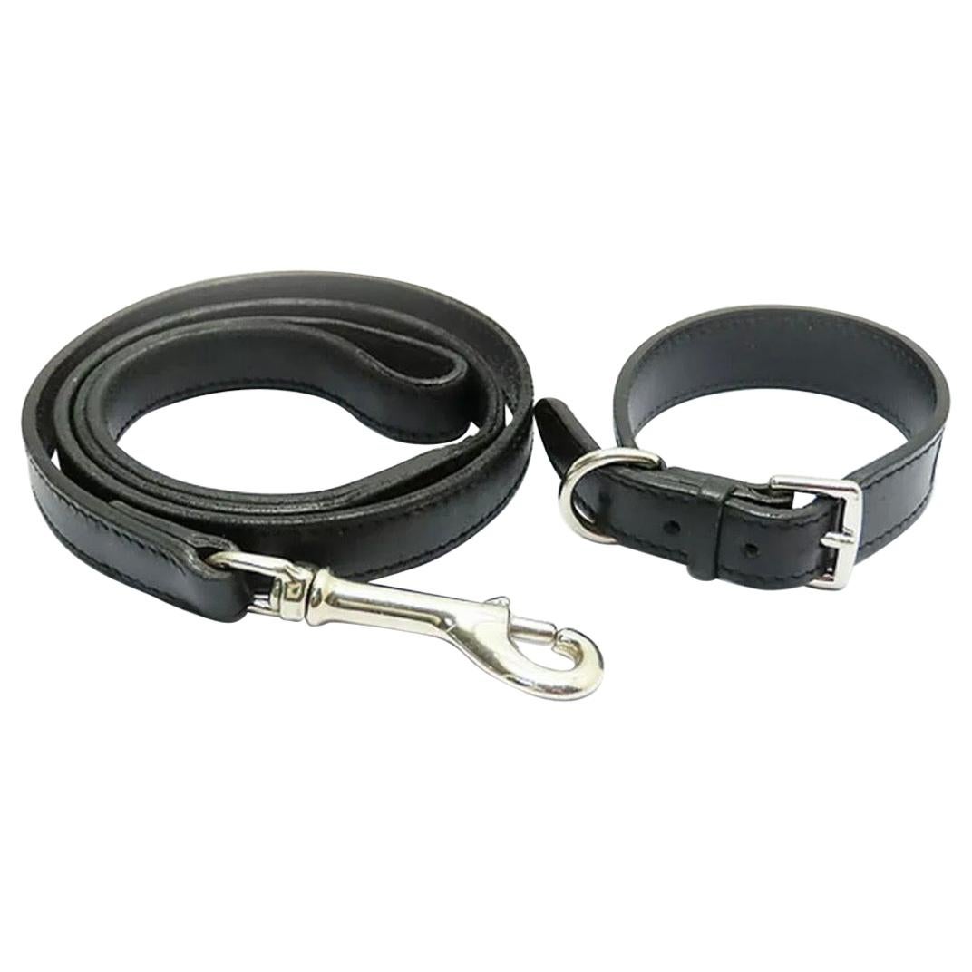 Hermes Dog Black Leather 'H' Silver Pet Dog Two Piece Leash and Collar Set