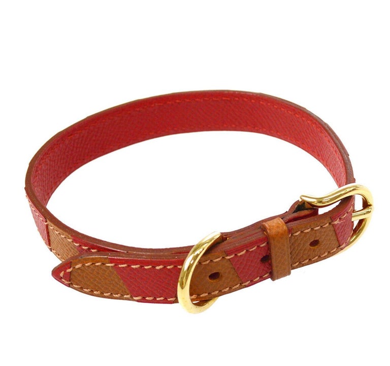 Hermes Dog Red Leather Gold Pet Dog Two Piece Leash and Collar Set at