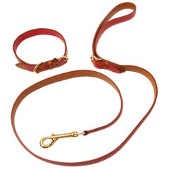 Hermes Dog Red Leather Gold Pet Dog Two Piece Leash and Collar Set