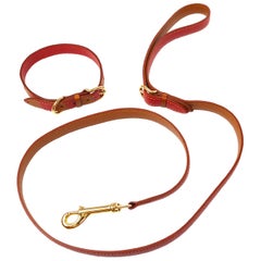 Hermes Dog Rotes Leder Gold Haustier Hund Zweiteilige Leine und Halsband Set