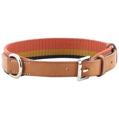 Hermes Dog Red Stripe Brown Leather Silver Pet Dog Collar in Box