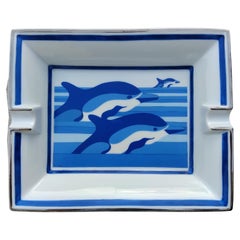 Vintage Hermès Dolphins Print Cigar Ashtray Porcelain Platinum
