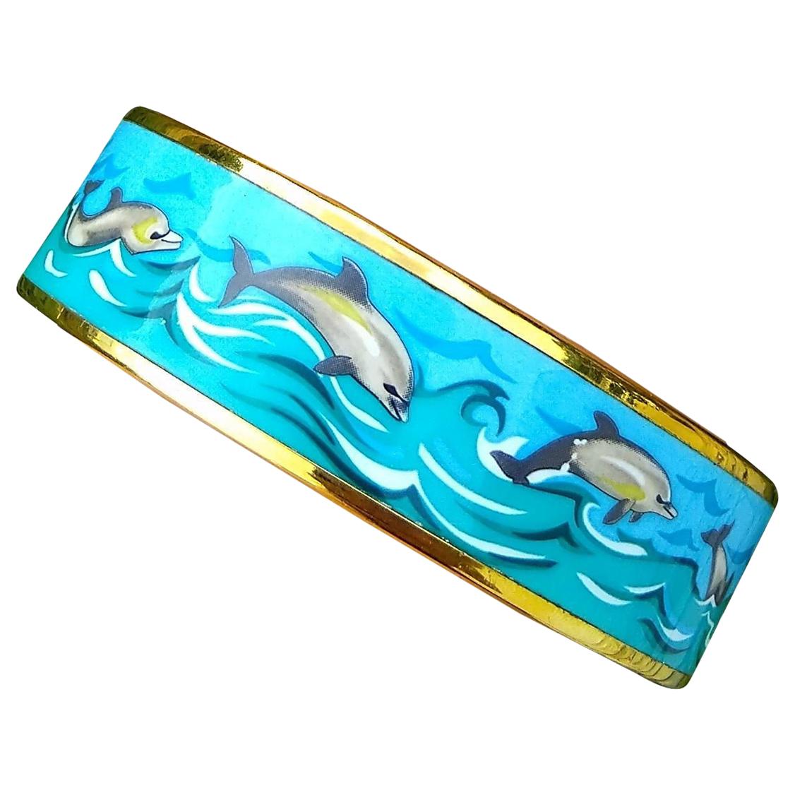 Hermès Dolphins Print Enamel Bracelet Ghw Size 70 For Sale 9