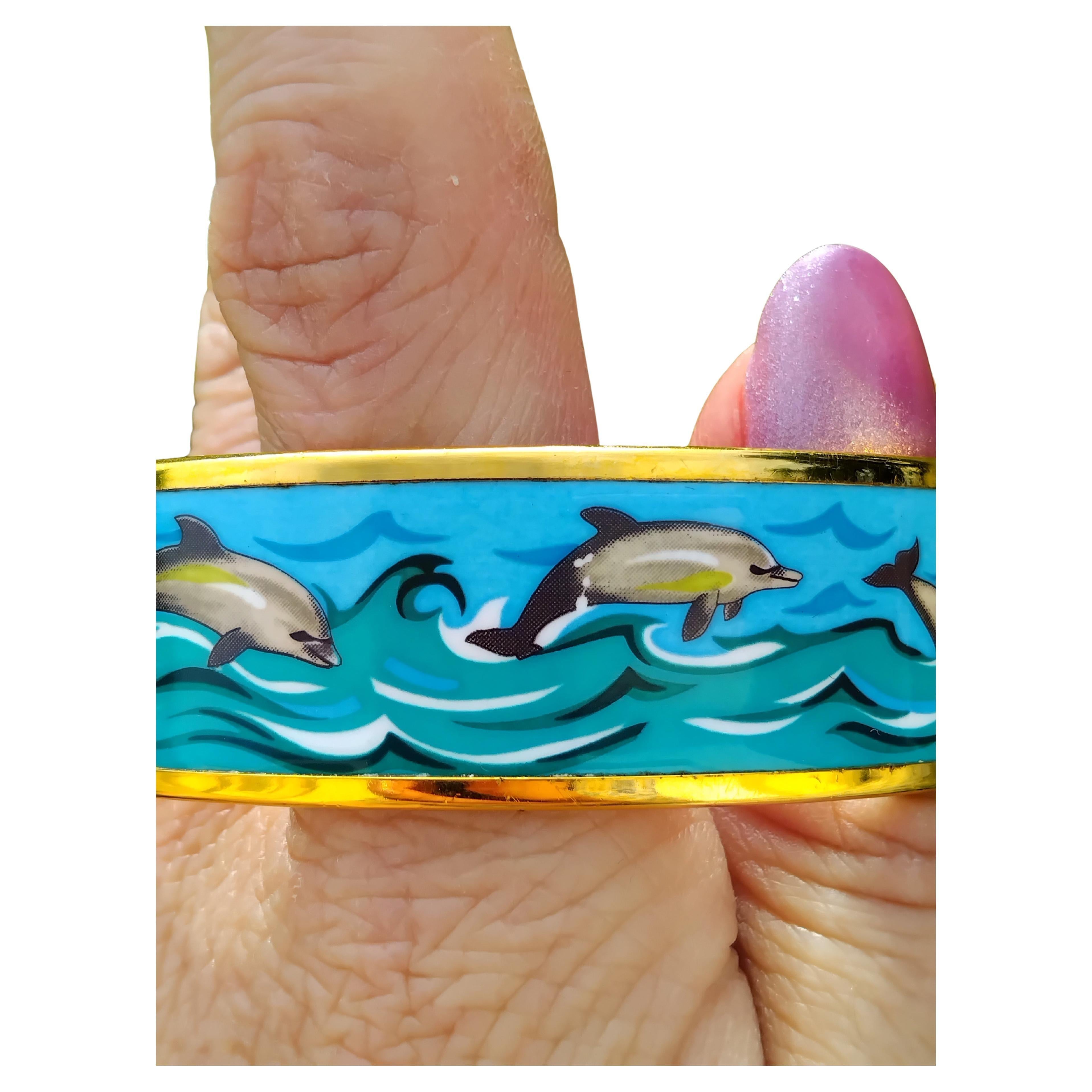 Hermès Dolphins Print Enamel Bracelet Ghw Size 70 For Sale 11