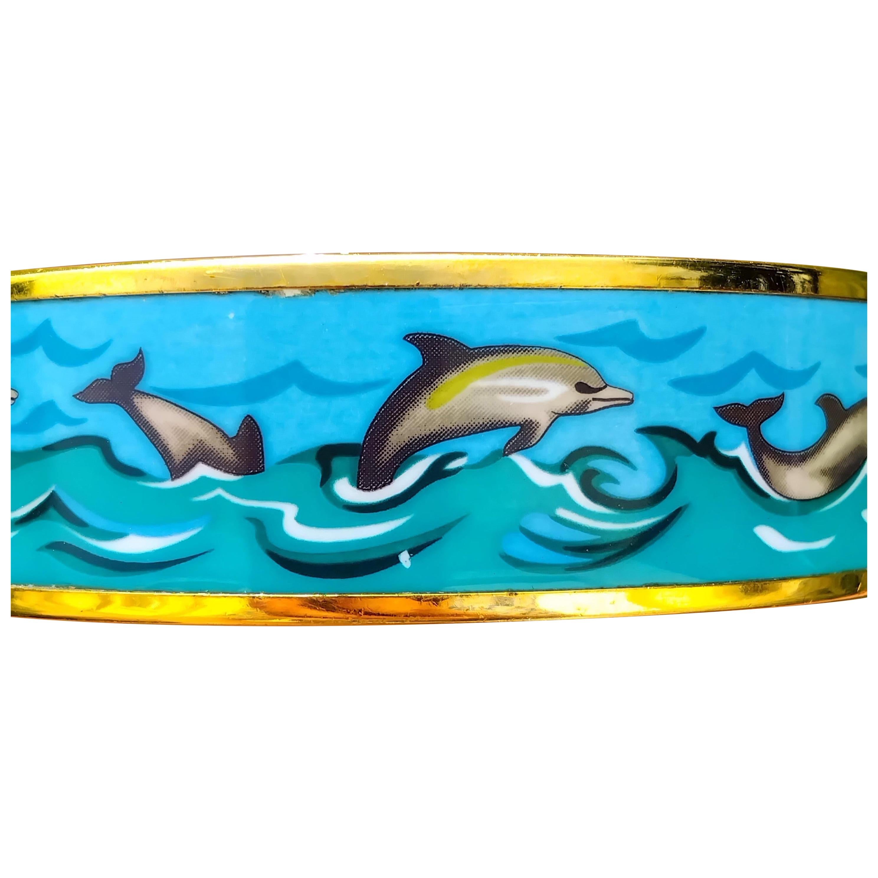 Hermès Dolphins Print Enamel Bracelet Ghw Size 70 For Sale 11