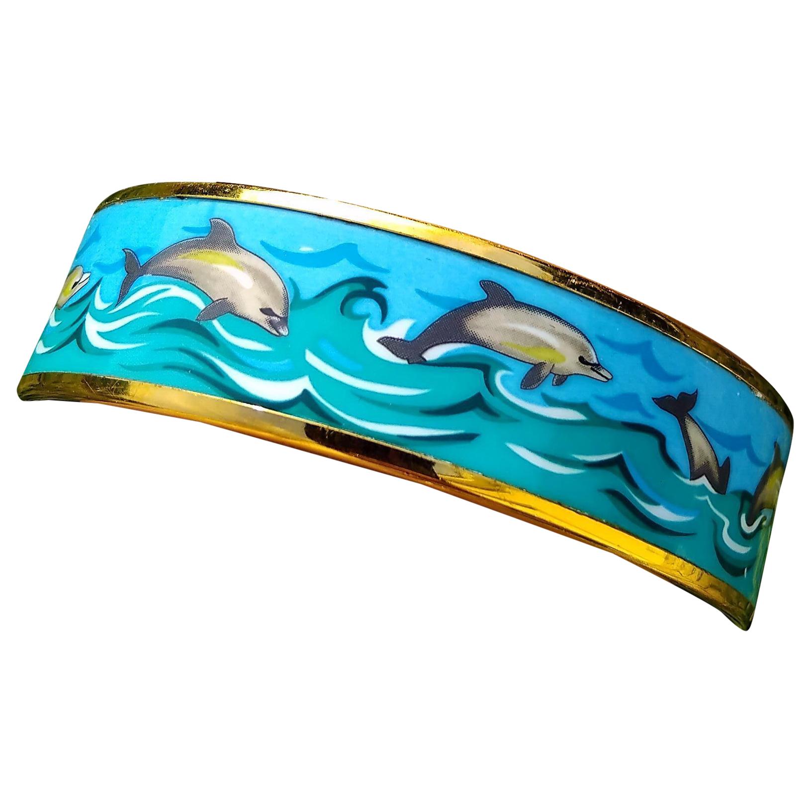 Hermès Dolphins Print Enamel Bracelet Ghw Size 70 In Good Condition For Sale In Corcoué Sur Logne, Loire-Atlantique