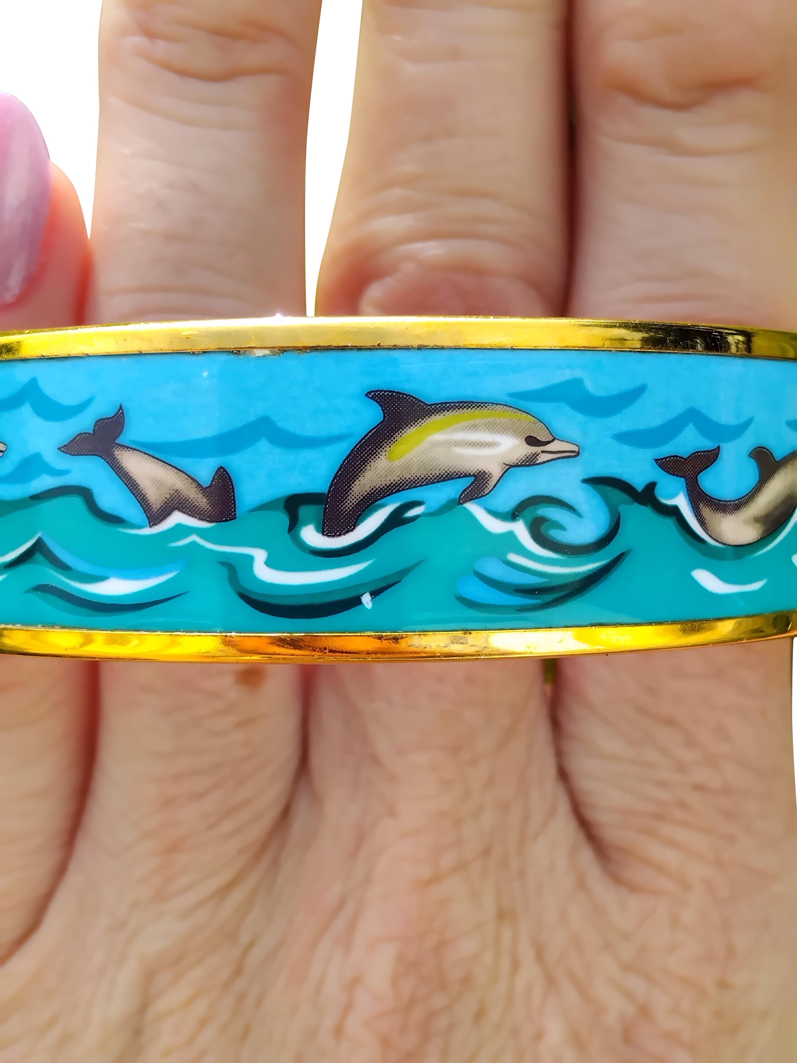 Hermès Dolphins Print Enamel Bracelet Ghw Size 70 For Sale 12