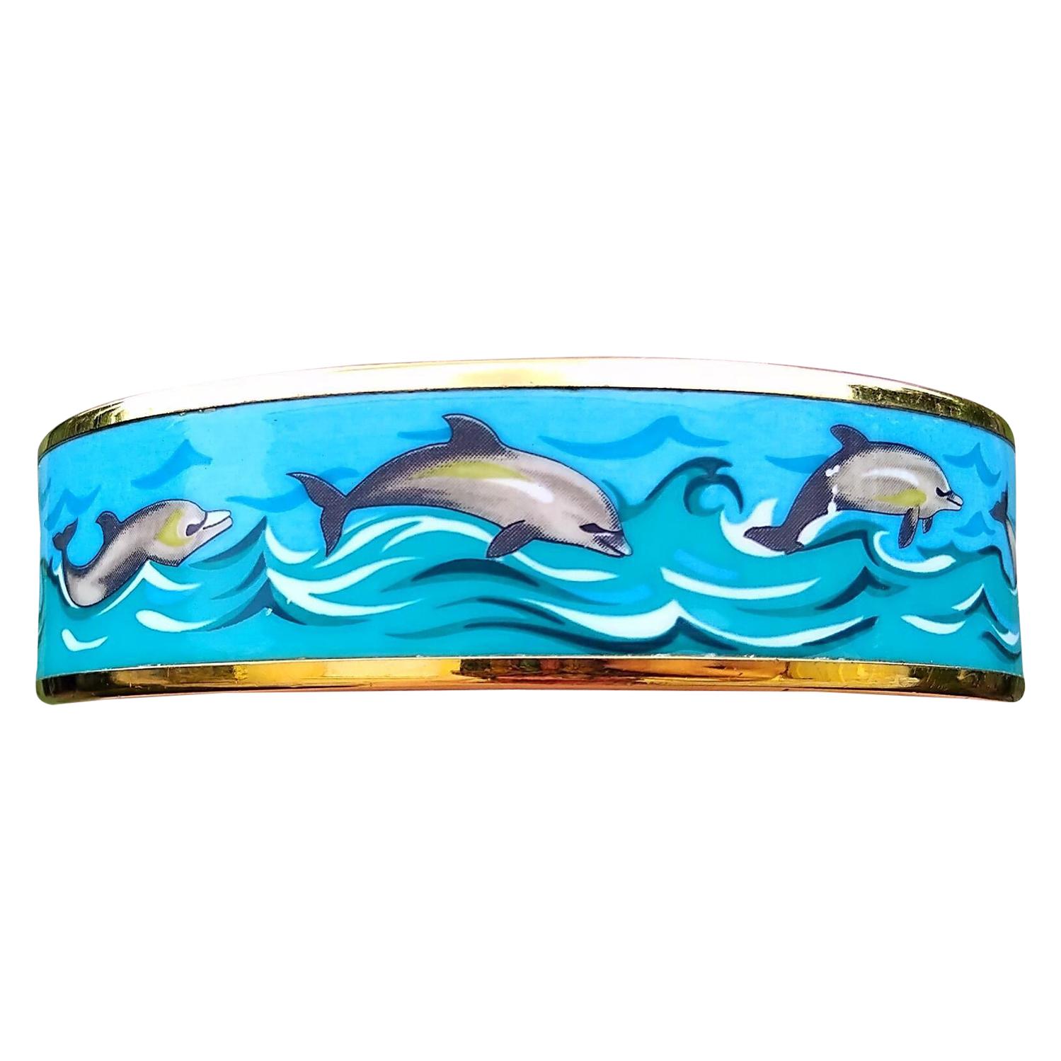 Women's Hermès Dolphins Print Enamel Bracelet Ghw Size 70 For Sale