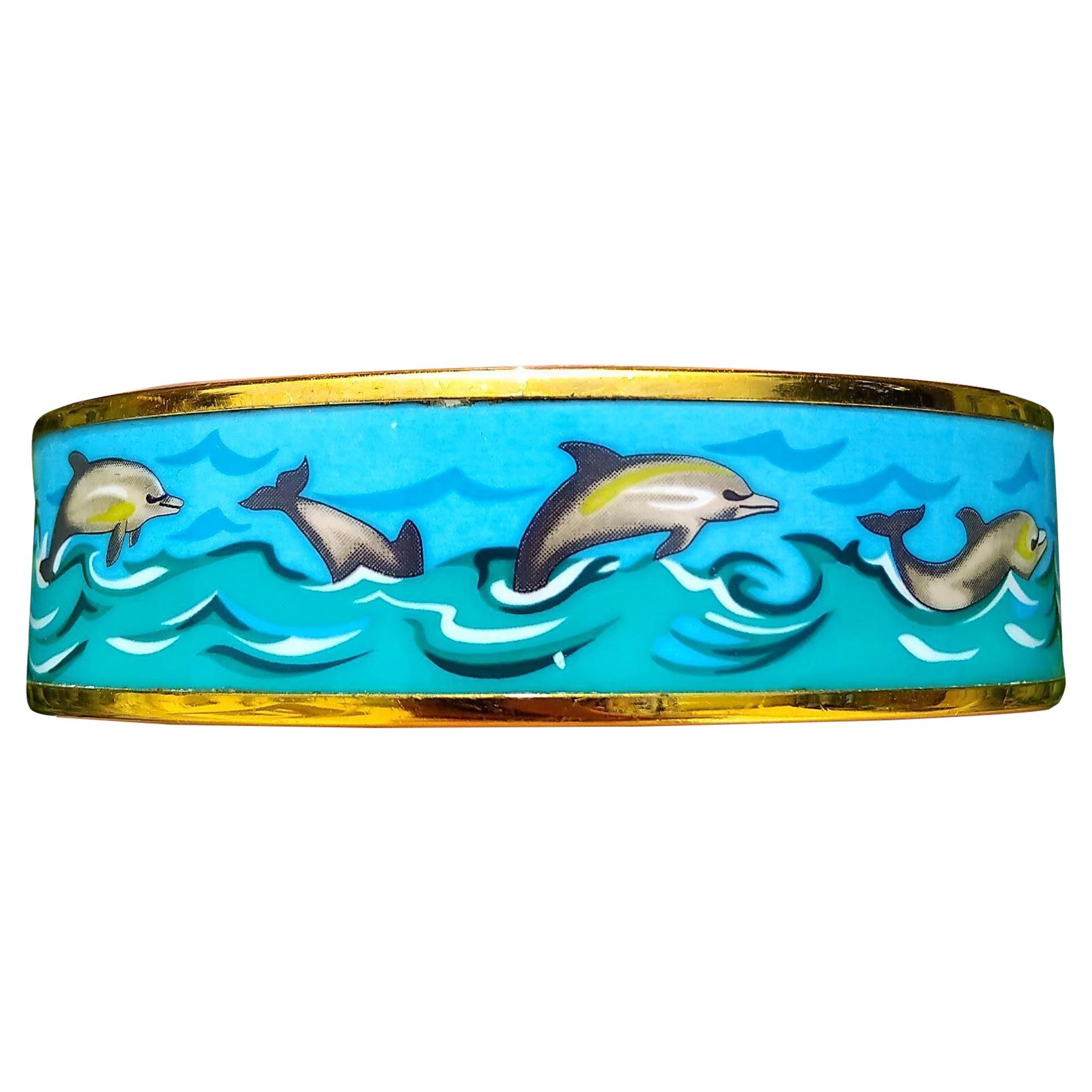 Hermès Dolphins Print Enamel Bracelet Ghw Size 70 For Sale 1