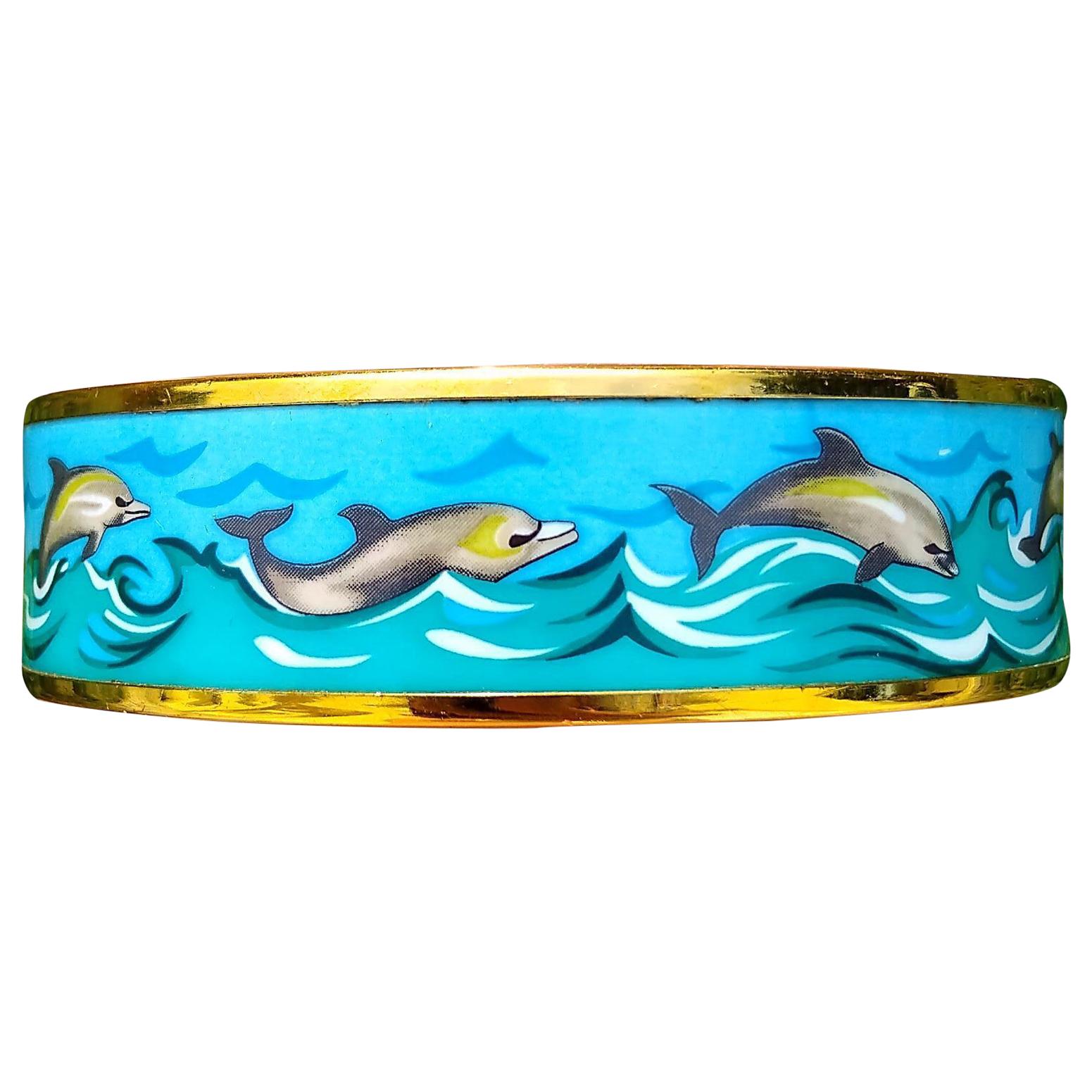 Hermès Dolphins Print Enamel Bracelet Ghw Size 70 For Sale 2