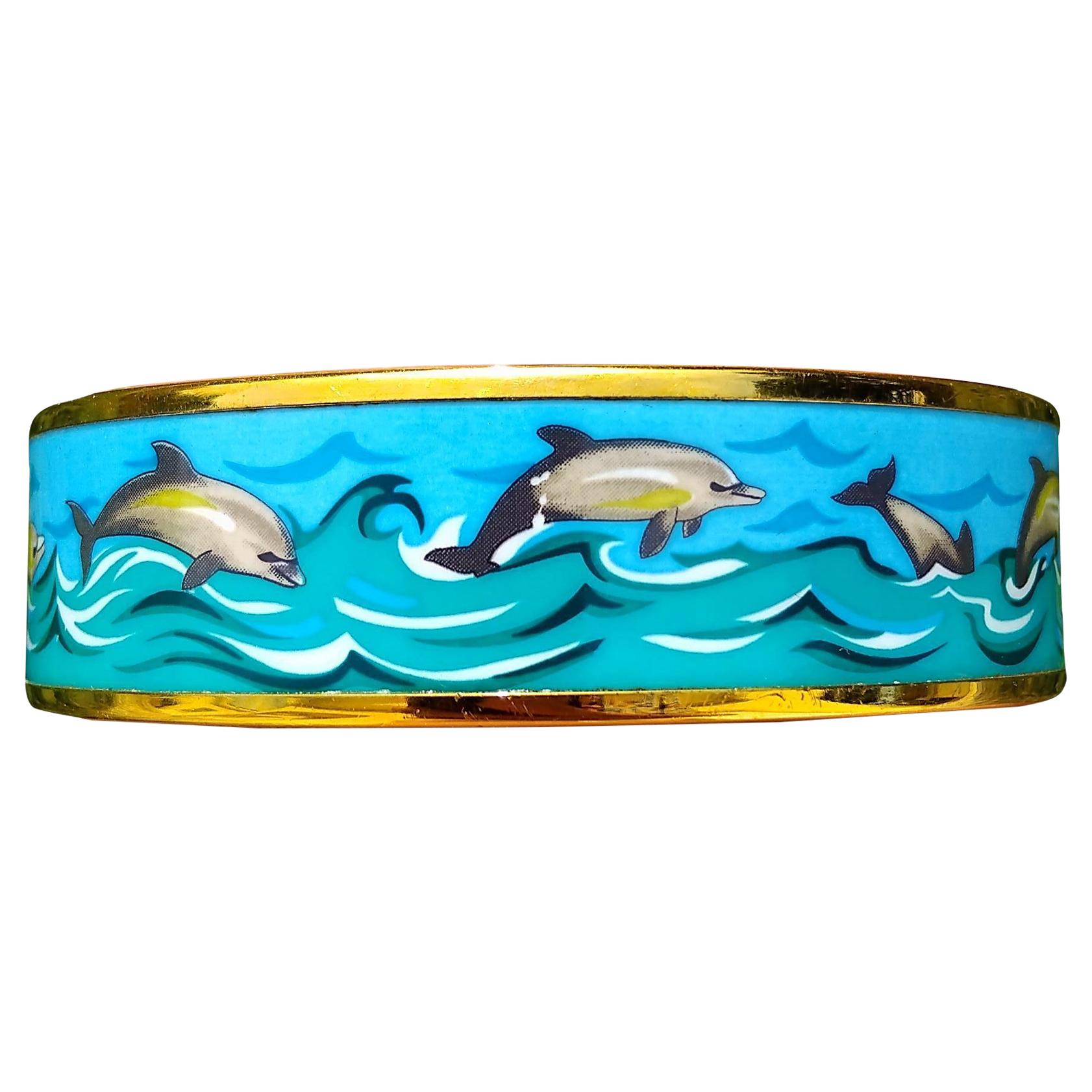 Hermès Dolphins Print Enamel Bracelet Ghw Size 70 For Sale 4