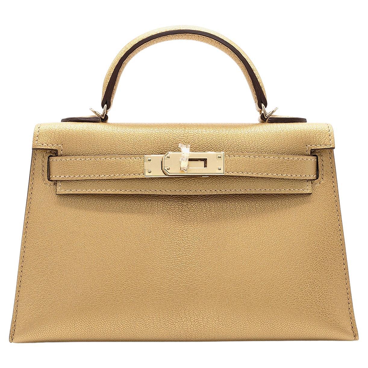 Hermès D'Ore Metallic Gold Chèvre Chamkila Leather Kelly 20cm II Sellier For Sale