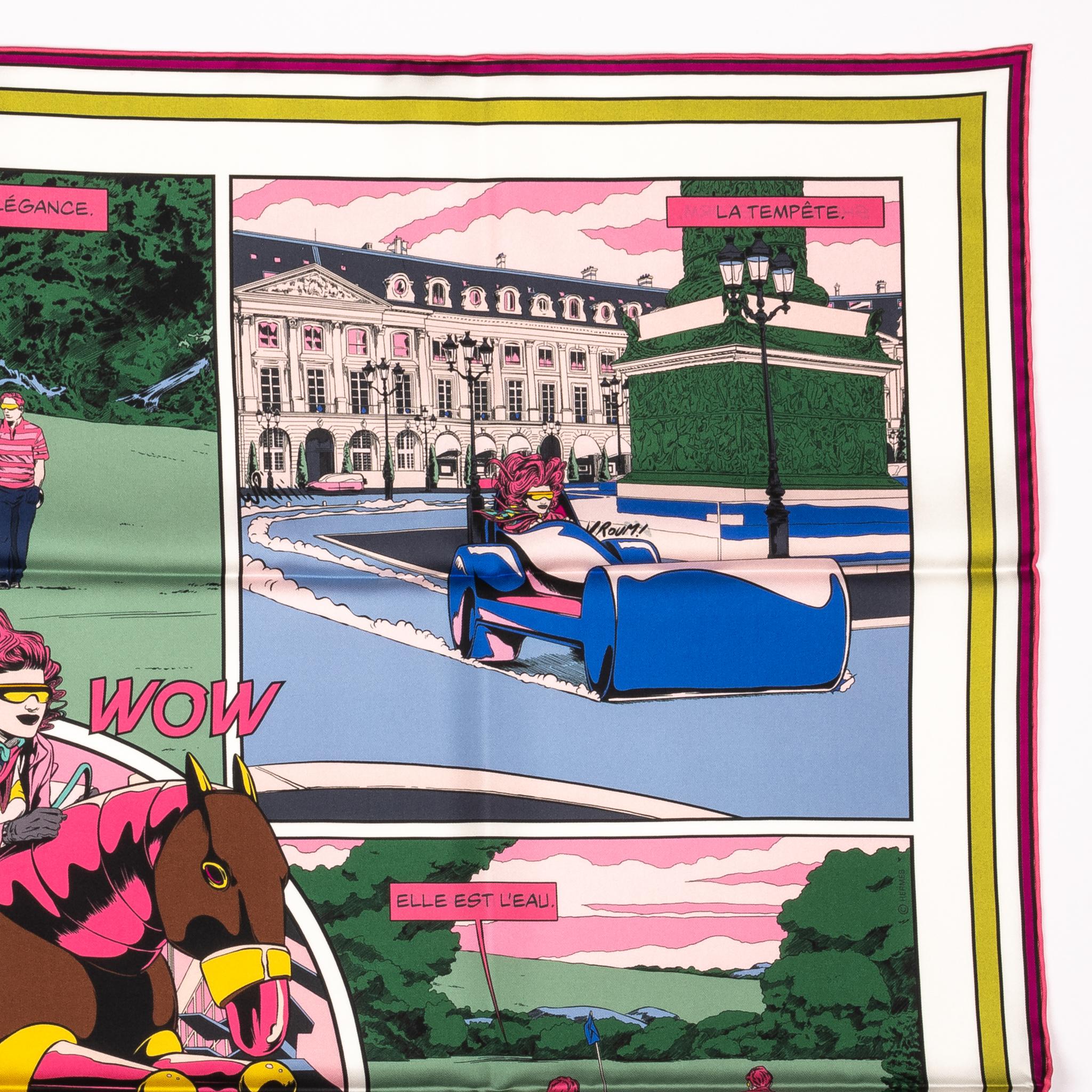 Hermes double face comics silk scarf. One side in english and one side in french. Brand new with original box.