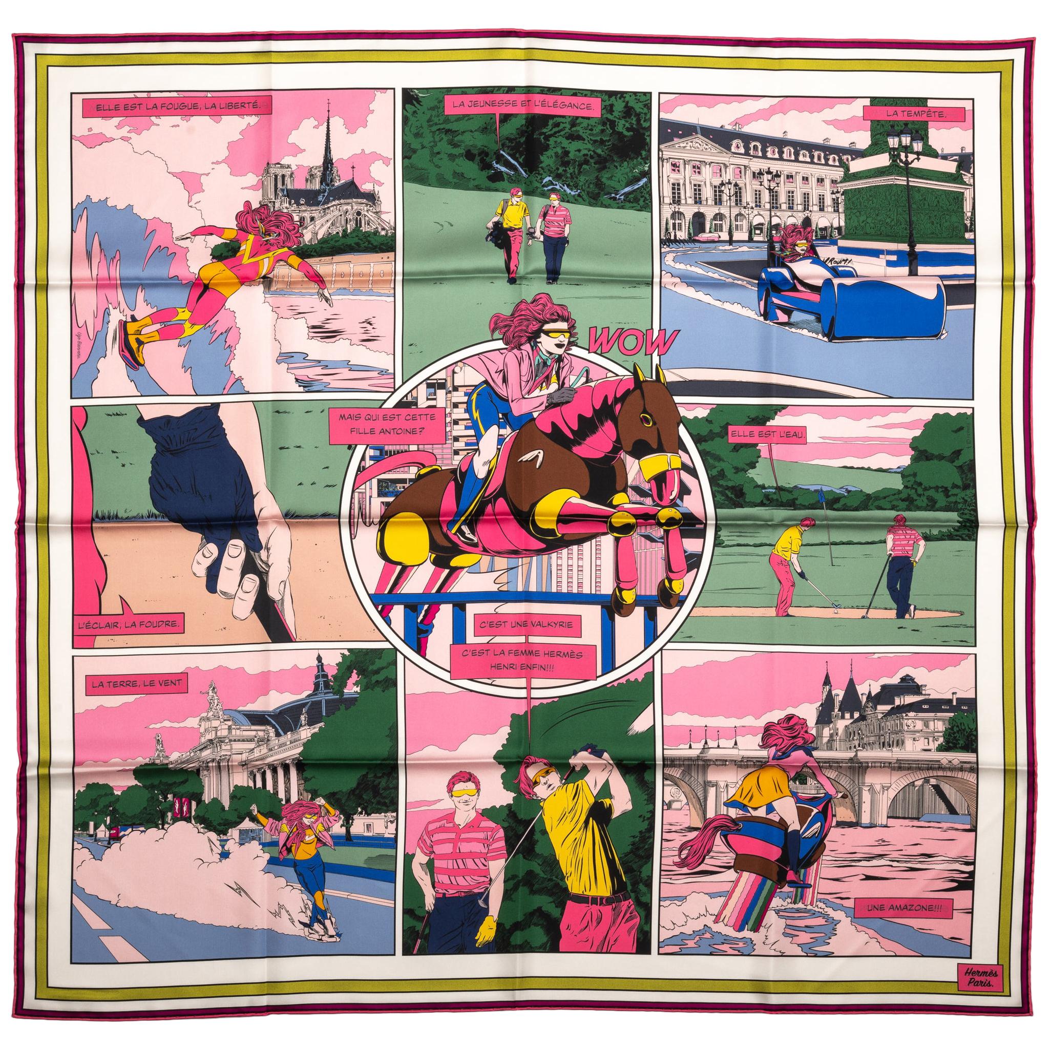 Hermes Double Face Comics Pink Scarf