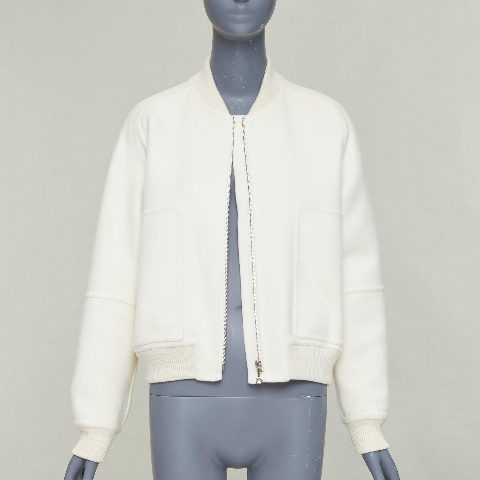 Gray HERMES double faced 100% cashmere leather applique back bomber jacket FR38 M For Sale