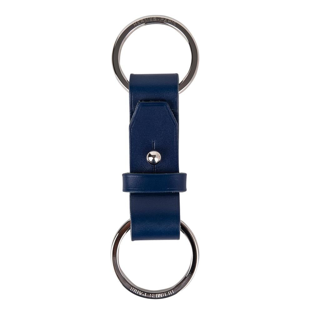 Hermes Double Jeu Voiturier Valet Key Ring Blue Sapphire Palladium New / Box In New Condition In Miami, FL