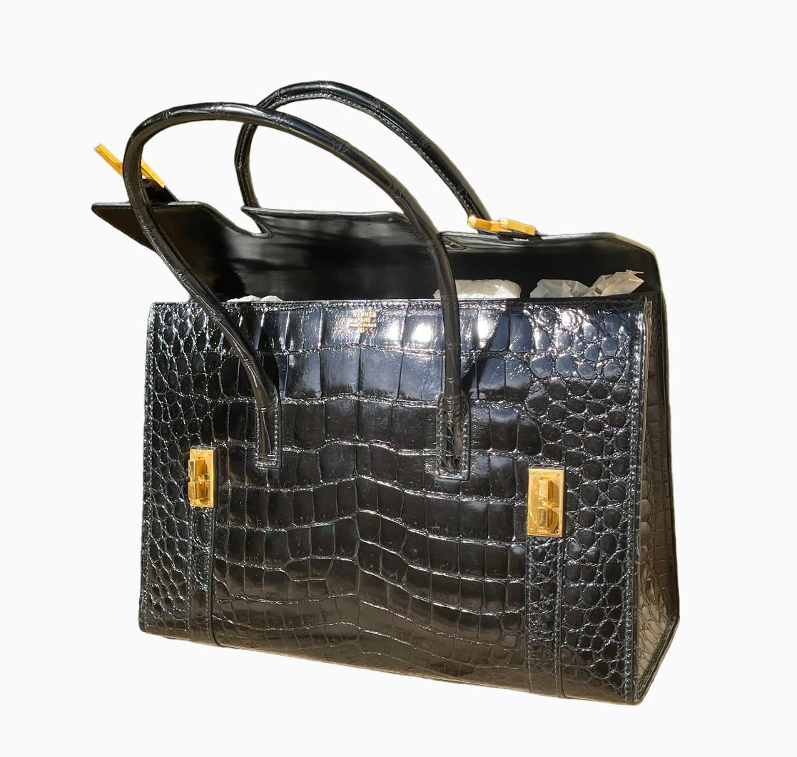 Hermès - Drag Handbag In Black Crocodile For Sale 4