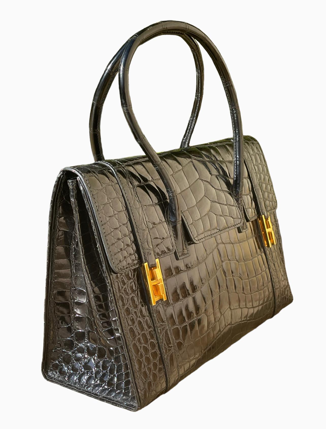 Hermès - Drag Handbag In Black Crocodile For Sale 5