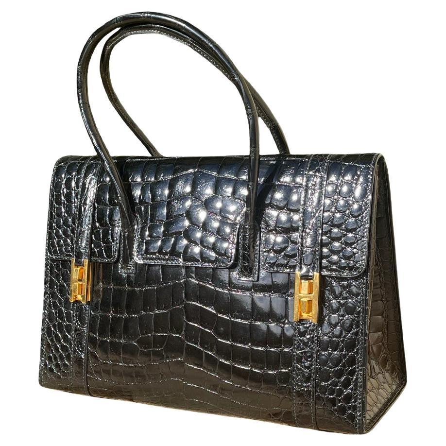 Hermès - Drag Handbag In Black Crocodile For Sale