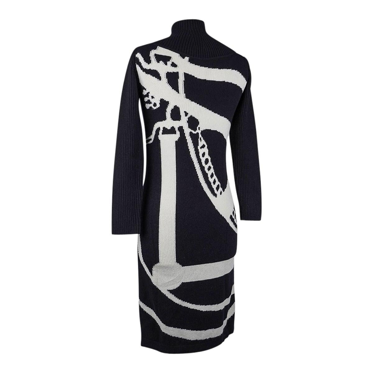 Hermes Dress Promenade du Matin Intarsia Black / White Cashmere 36 / 4 In New Condition For Sale In Miami, FL