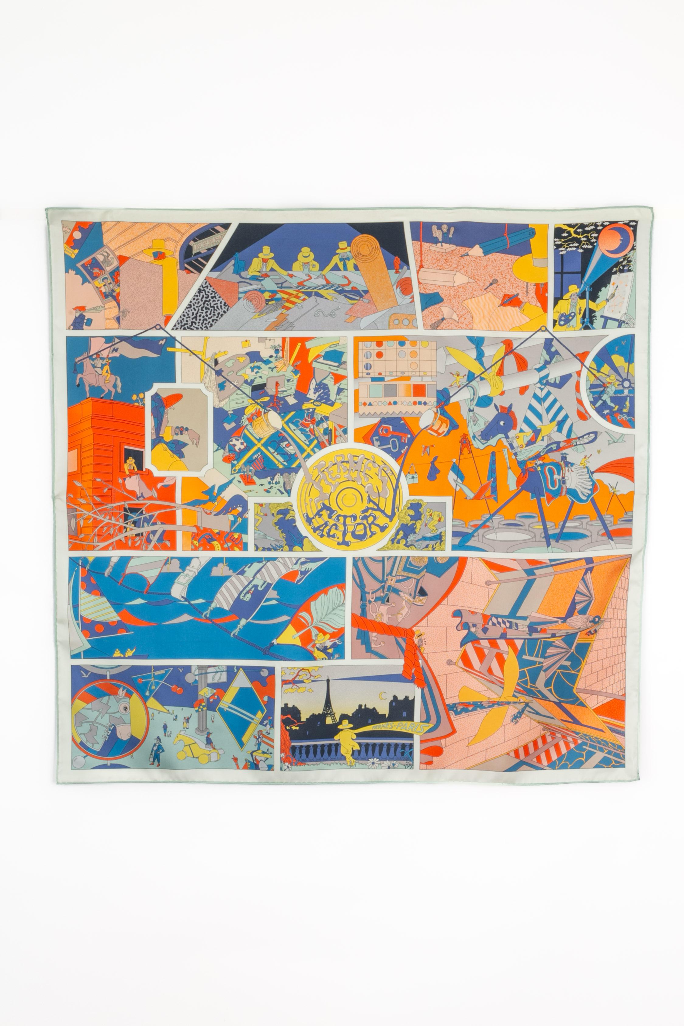 HERMÈS - (Made in France) Dual-sided silk twill foulard entitled 