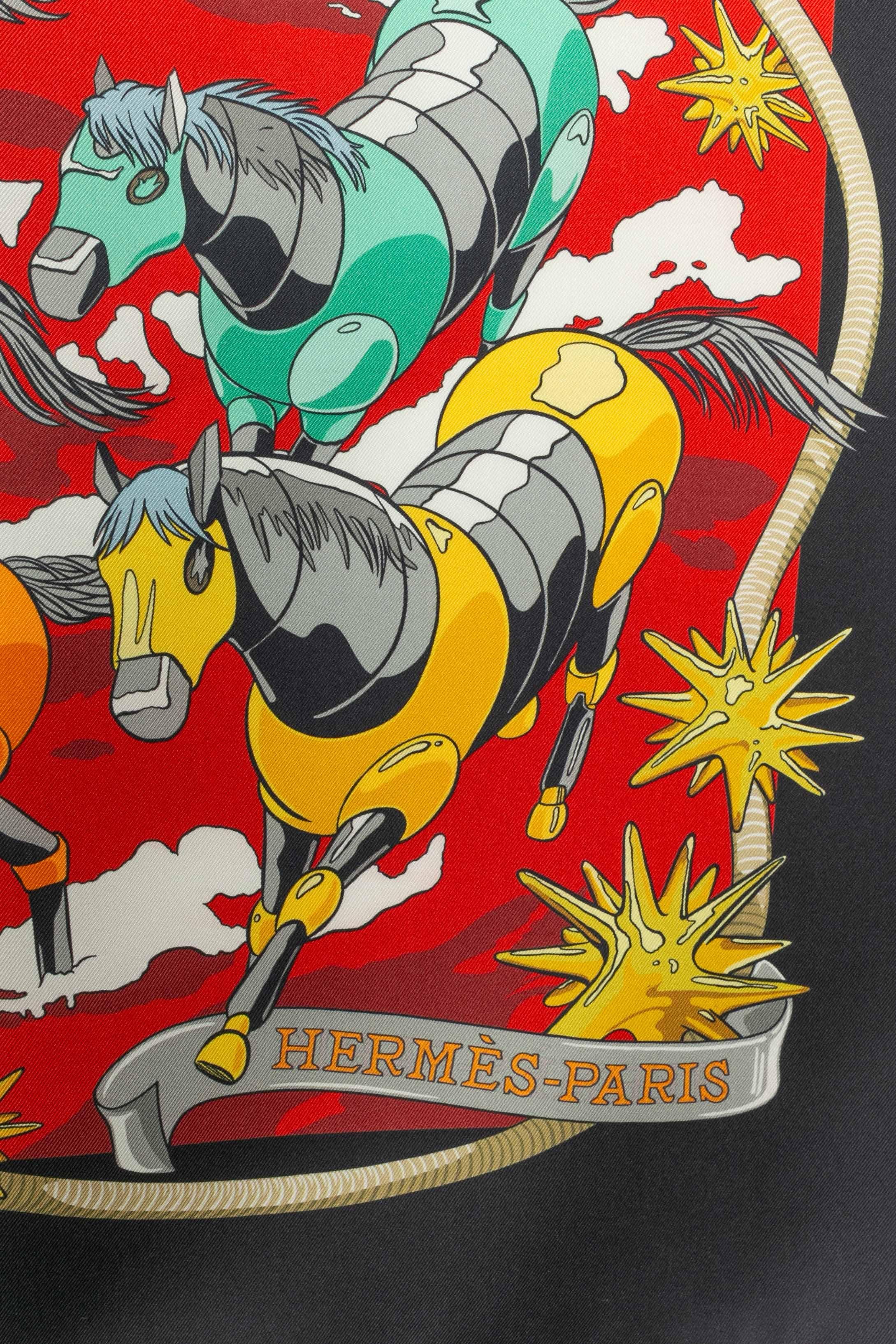 Hermès dual-sided foulard / scarf 'Mustangs II' In Excellent Condition For Sale In SAINT-OUEN-SUR-SEINE, FR