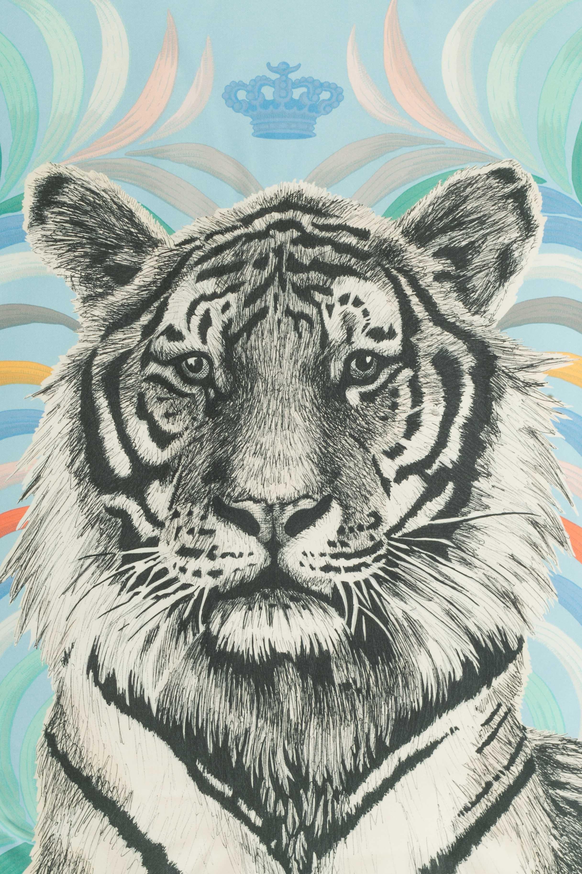 Blue Hermès dual-sided foulard / scarf 'royal tiger' For Sale