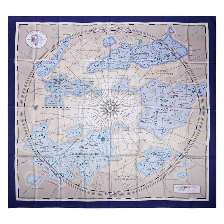 Mightychic offers a  rare Hermes Planisphere d'un Monde Equestre 140 Silk scarf.
Bleu and Beige colorway.
Depicts a global map in Jacquard silk.
New or Pristine Store Fresh Condition.
final sale

SCARF MEASURES:
140cm x 140cm

CONDITION:
New or