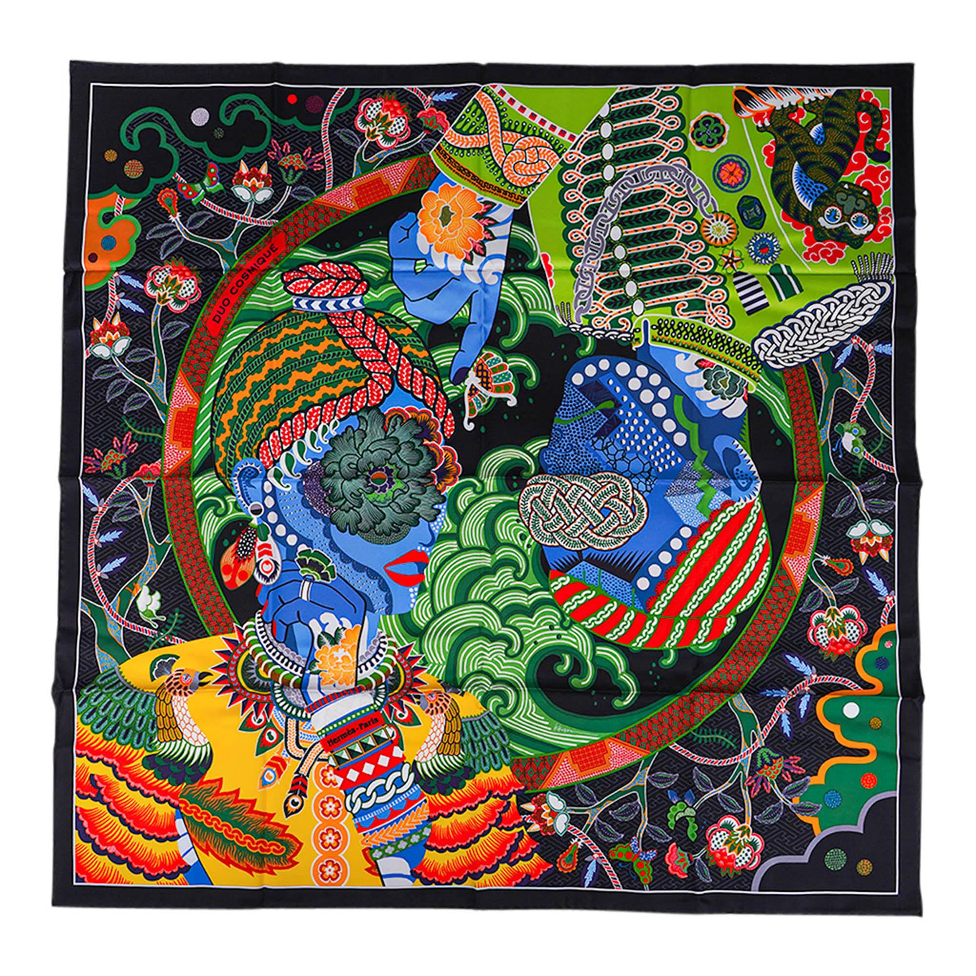 Hermes Duo Cosmique Scarf 90 Noir Vert Silk Twill For Sale 11