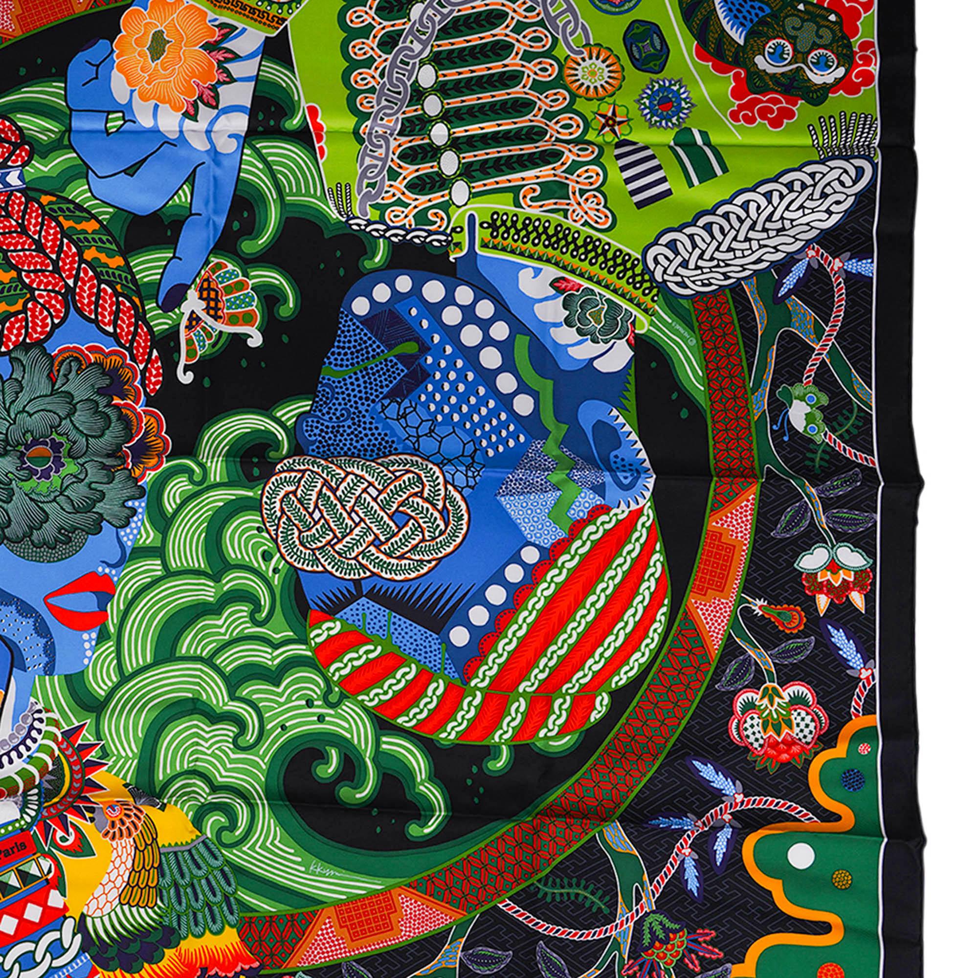 Hermes Duo Cosmique Scarf 90 Noir Vert Silk Twill In New Condition For Sale In Miami, FL