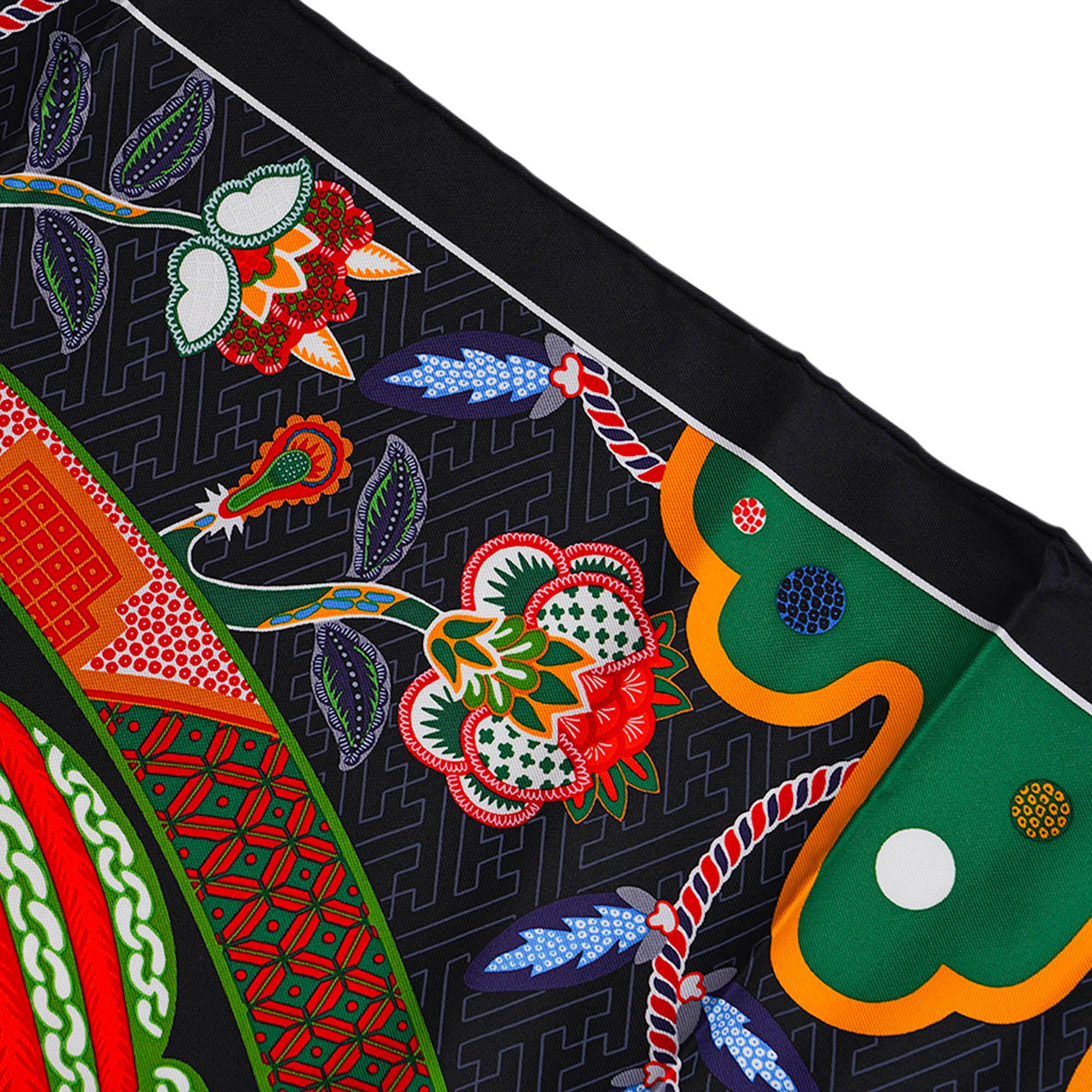 Hermes Duo Cosmique Scarf 90 Noir Vert Silk Twill For Sale 4