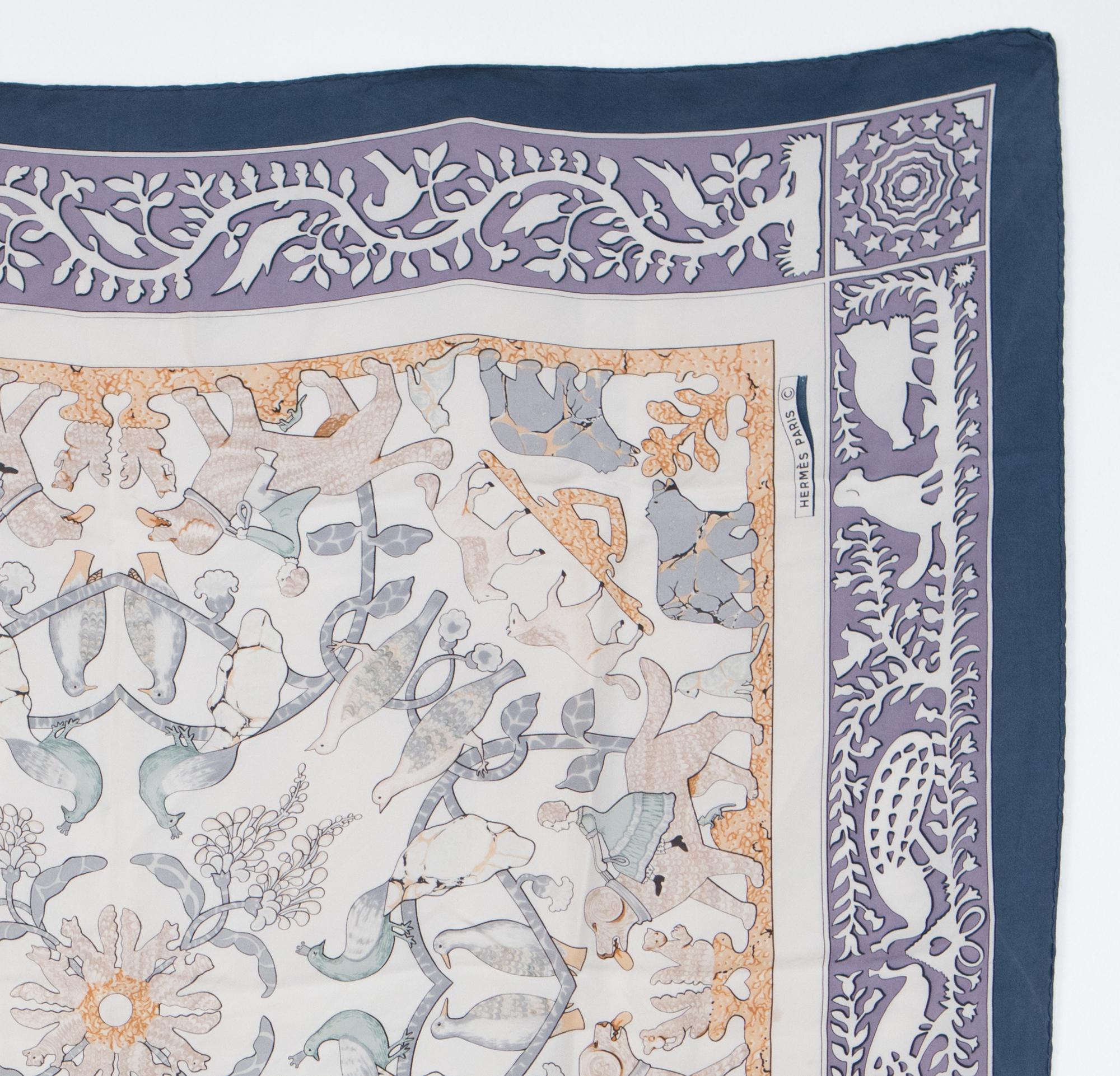 Gray Hermes Early America by Françoise de la Perriere Blue Silk Scarf