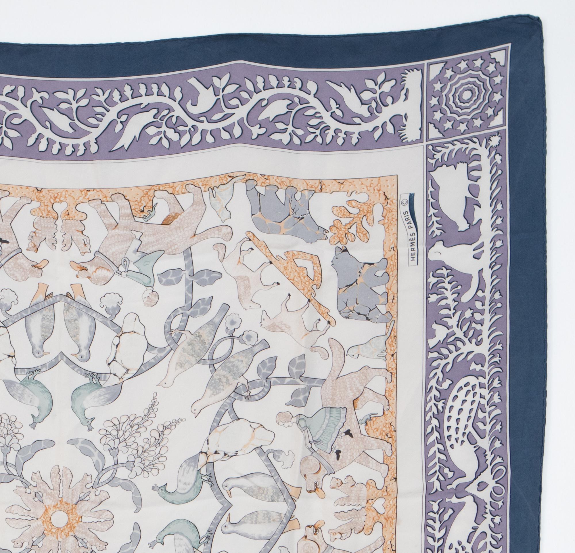 Gray  Hermes Early America by Françoise de la Perriere Blue Silk Scarf