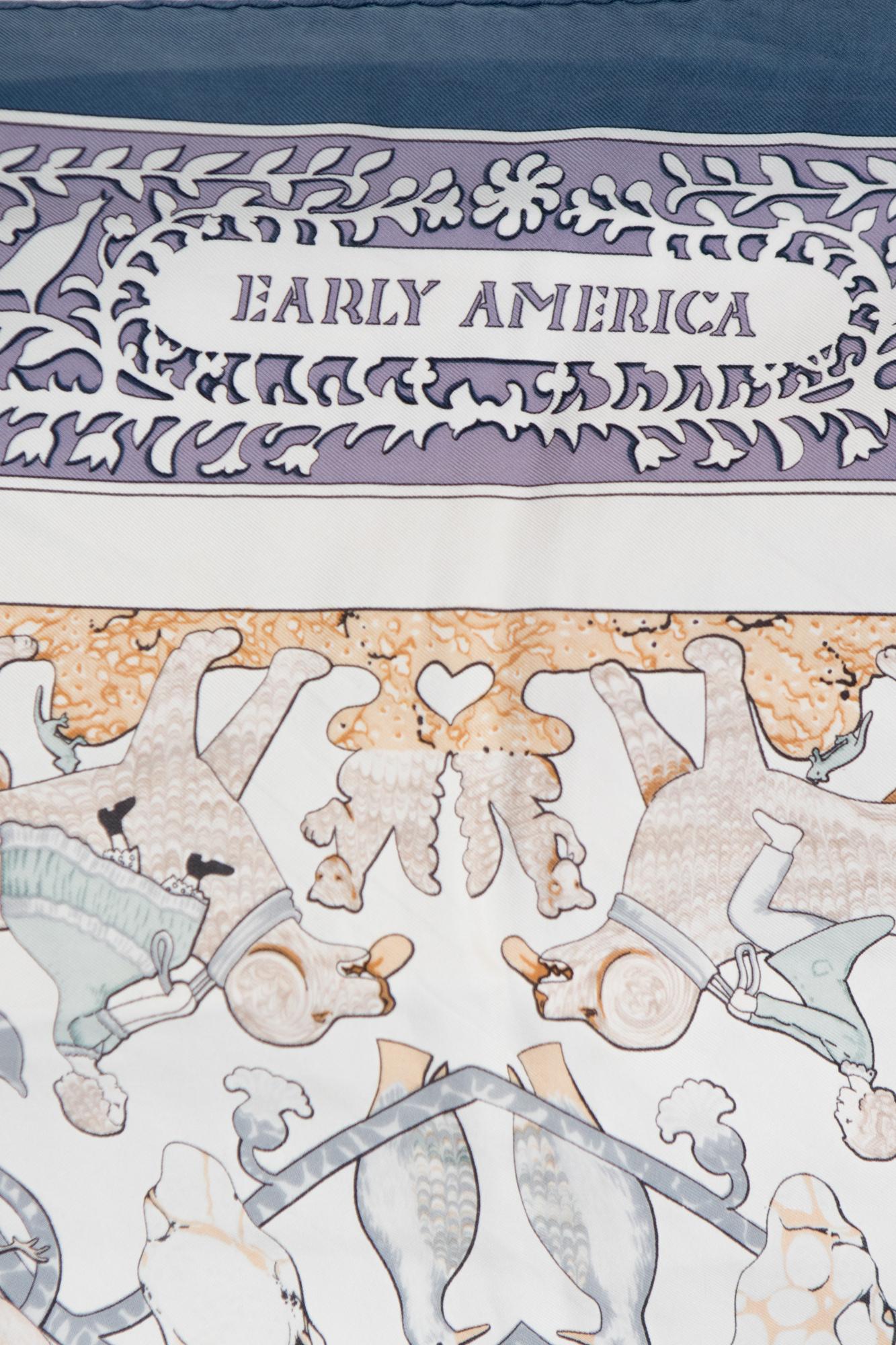  Hermes Early America by Françoise de la Perriere Blue Silk Scarf 1