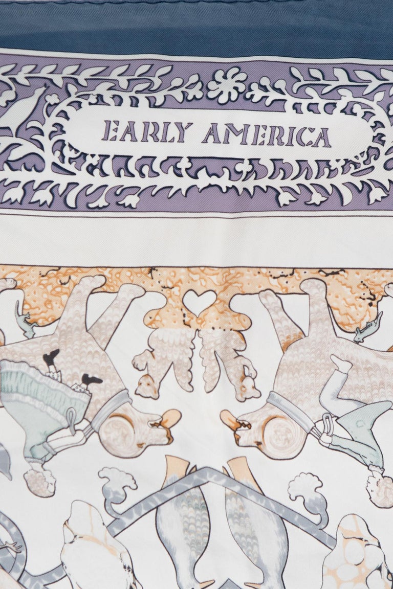 Hermes Early America by Françoise de la Perriere Blue Silk Scarf at 1stDibs