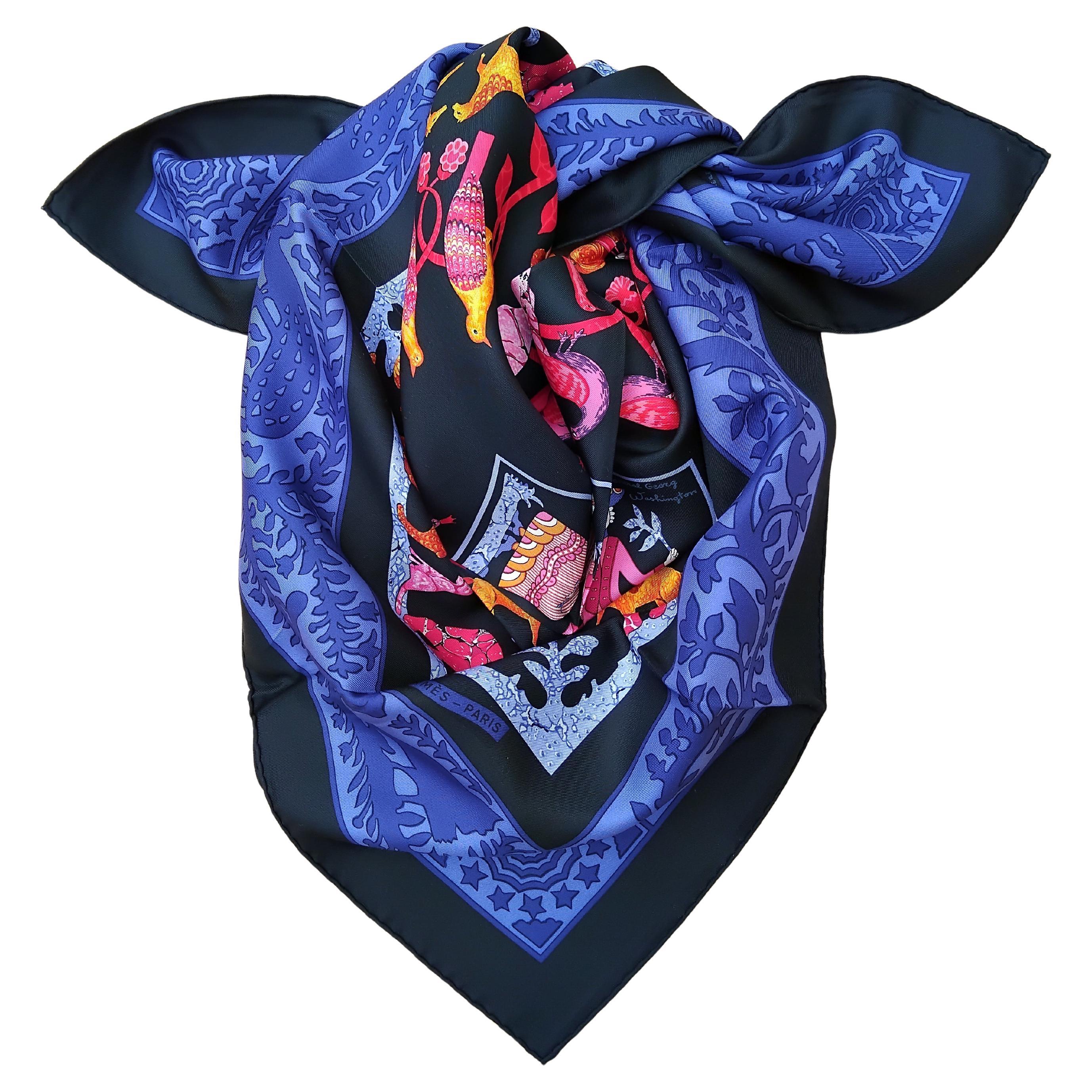 Écharpe en soie Hermès Early America Perriere Black Blue 35' en vente 11