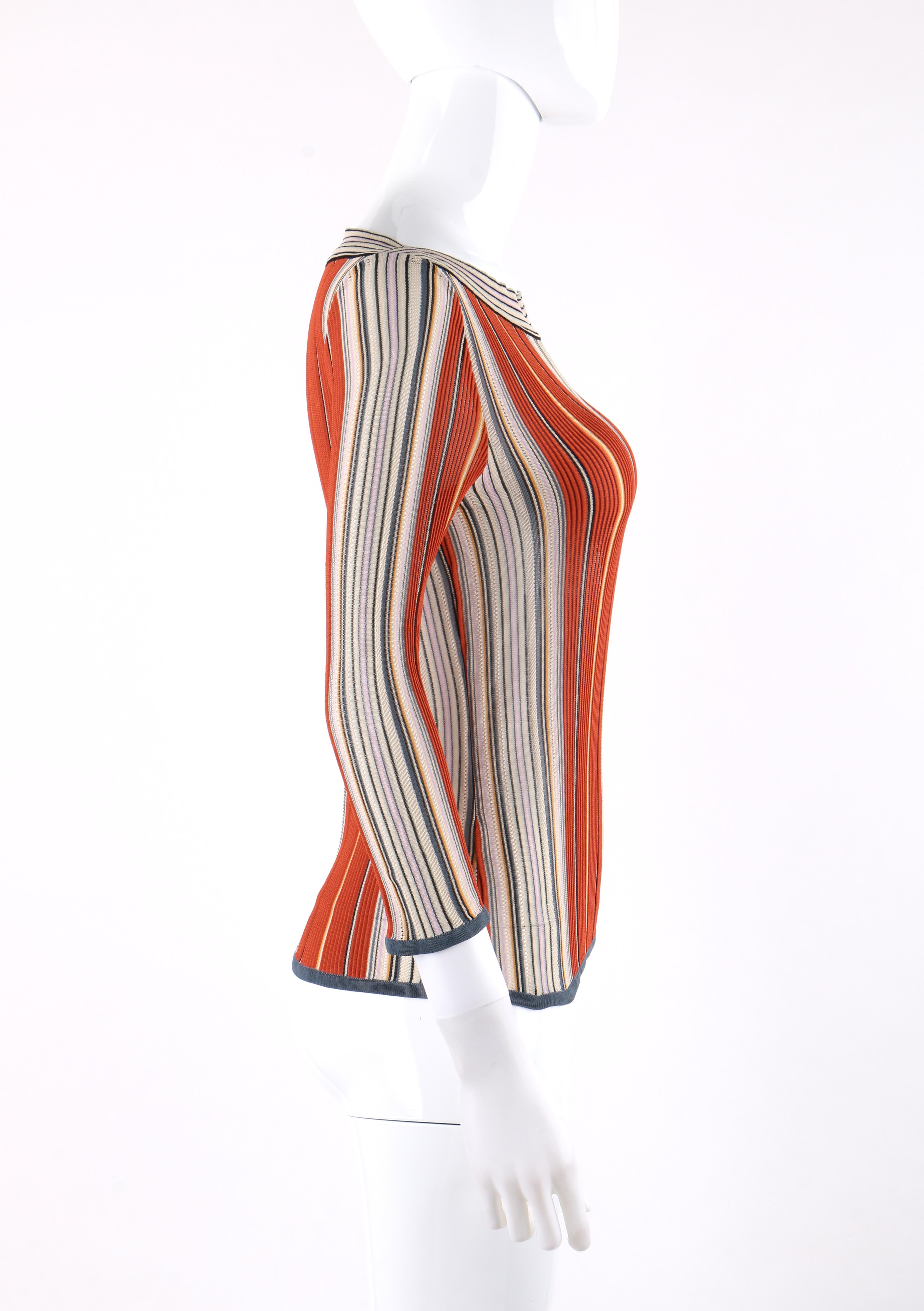 Brown HERMES Early c.2000’s Multi-color Vertical Stripe Boat Neck 3/4 Sleeve Top
