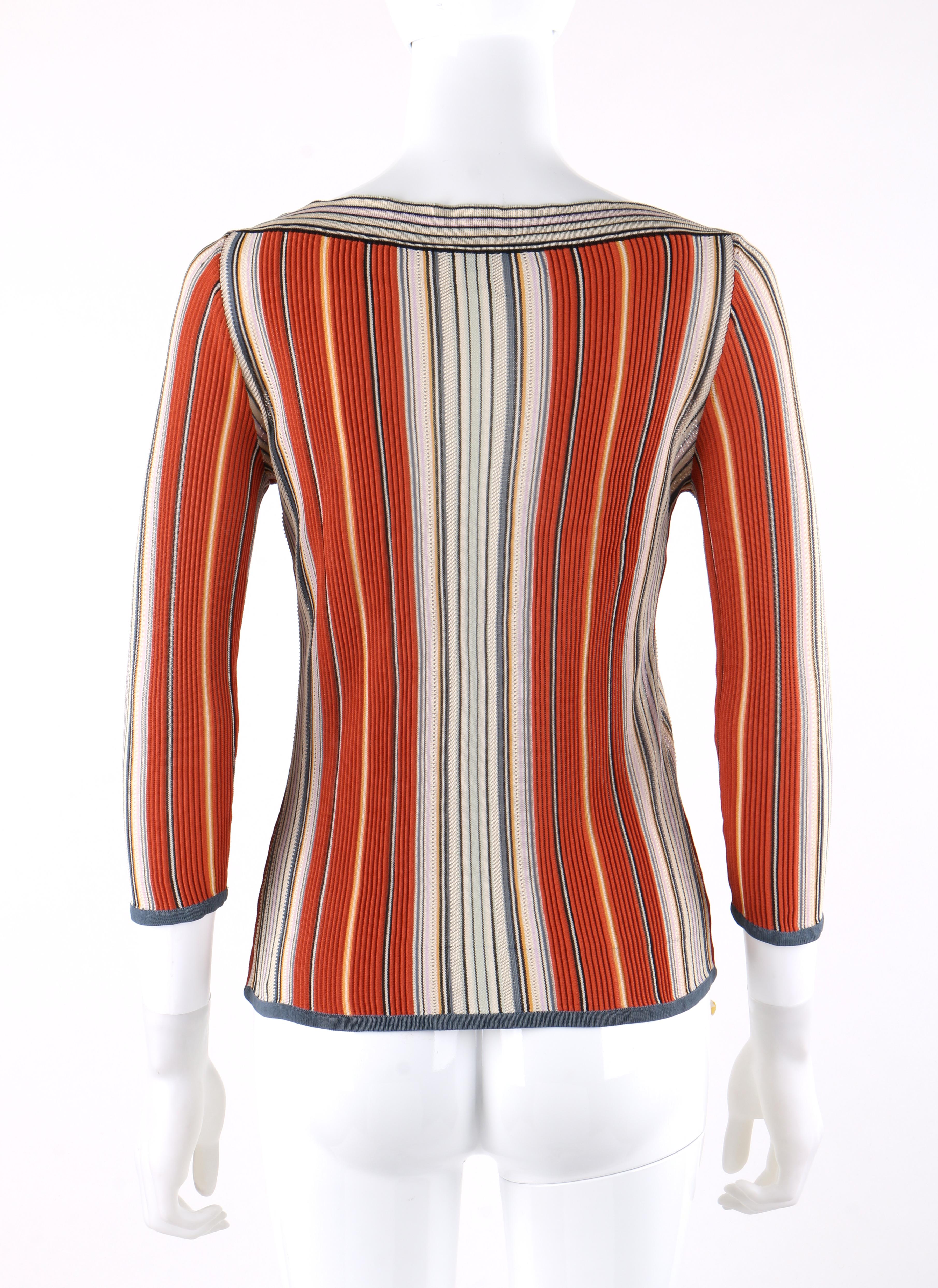 HERMES Early c.2000’s Multi-color Vertical Stripe Boat Neck 3/4 Sleeve Top In Good Condition In Thiensville, WI