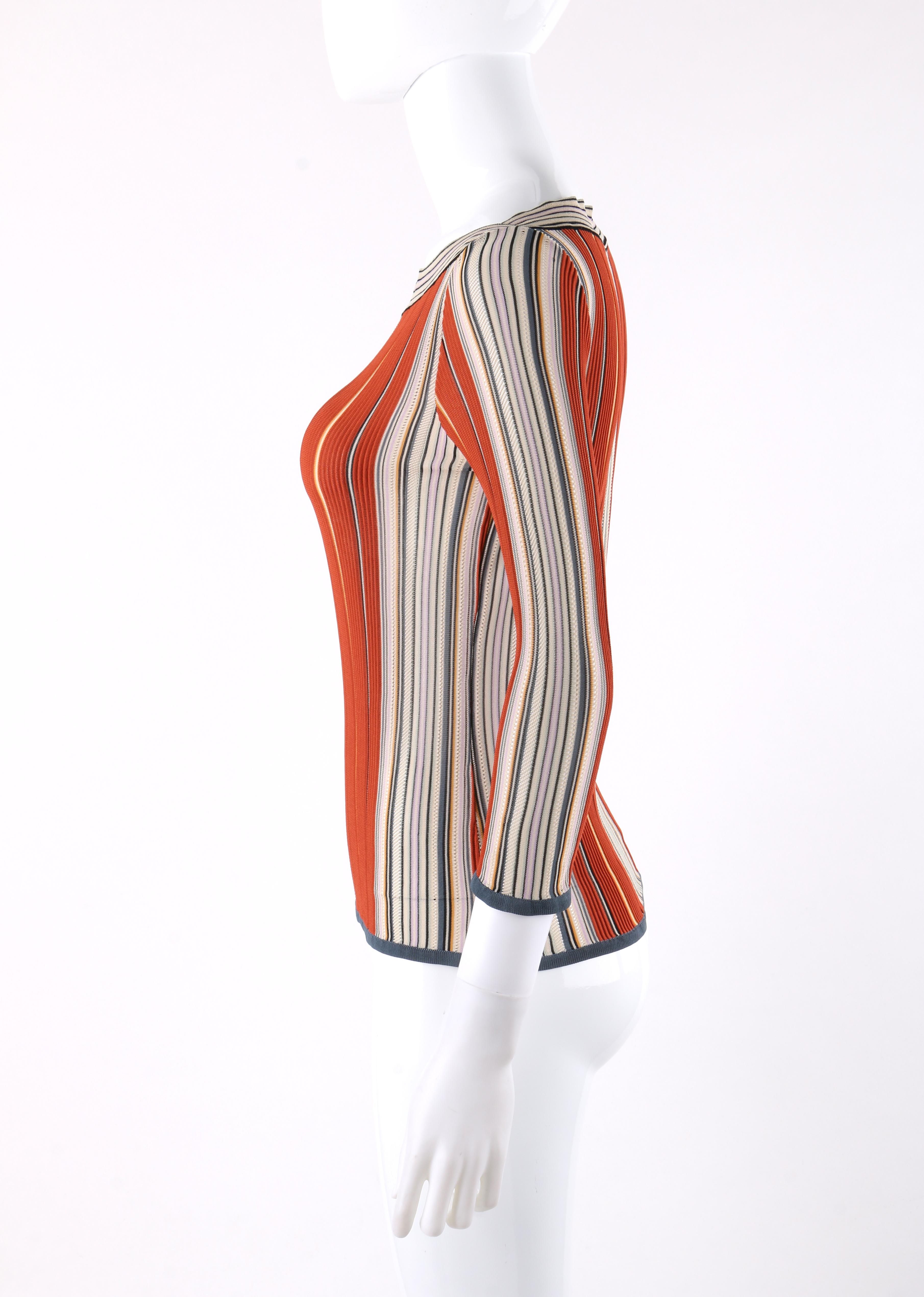 Women's HERMES Early c.2000’s Multi-color Vertical Stripe Boat Neck 3/4 Sleeve Top