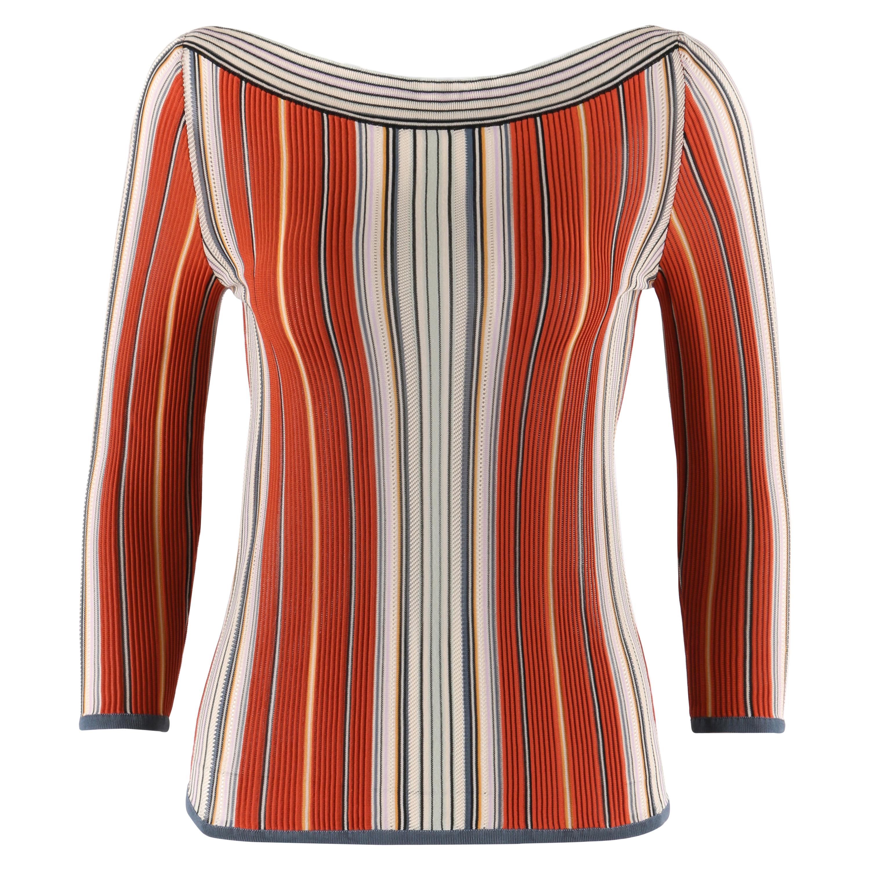 HERMES Early c.2000’s Multi-color Vertical Stripe Boat Neck 3/4 Sleeve Top
