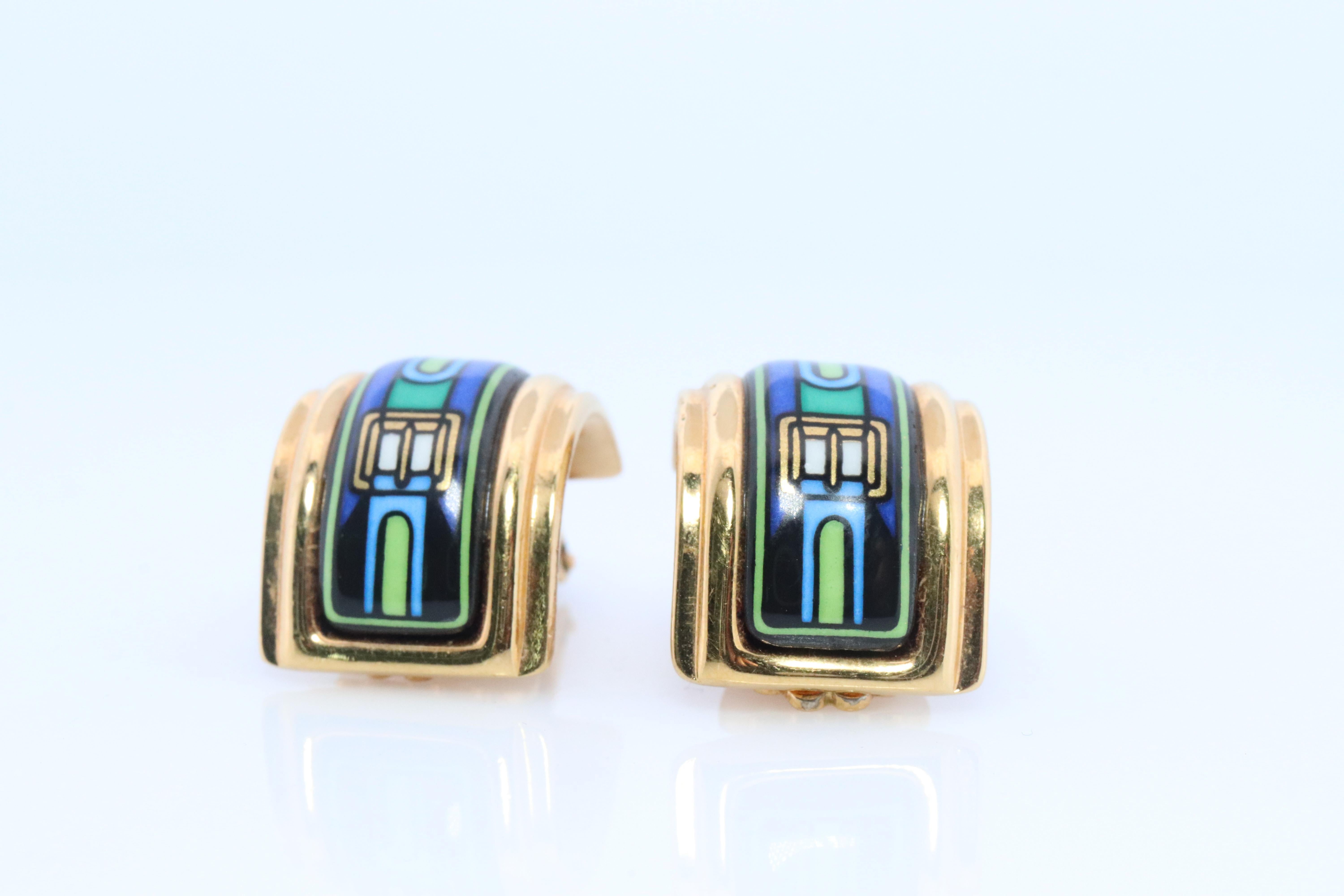 Modern Hermes Earrings. Genuine Vintage Hermes cloisonne enamel golden earrings Clip on For Sale