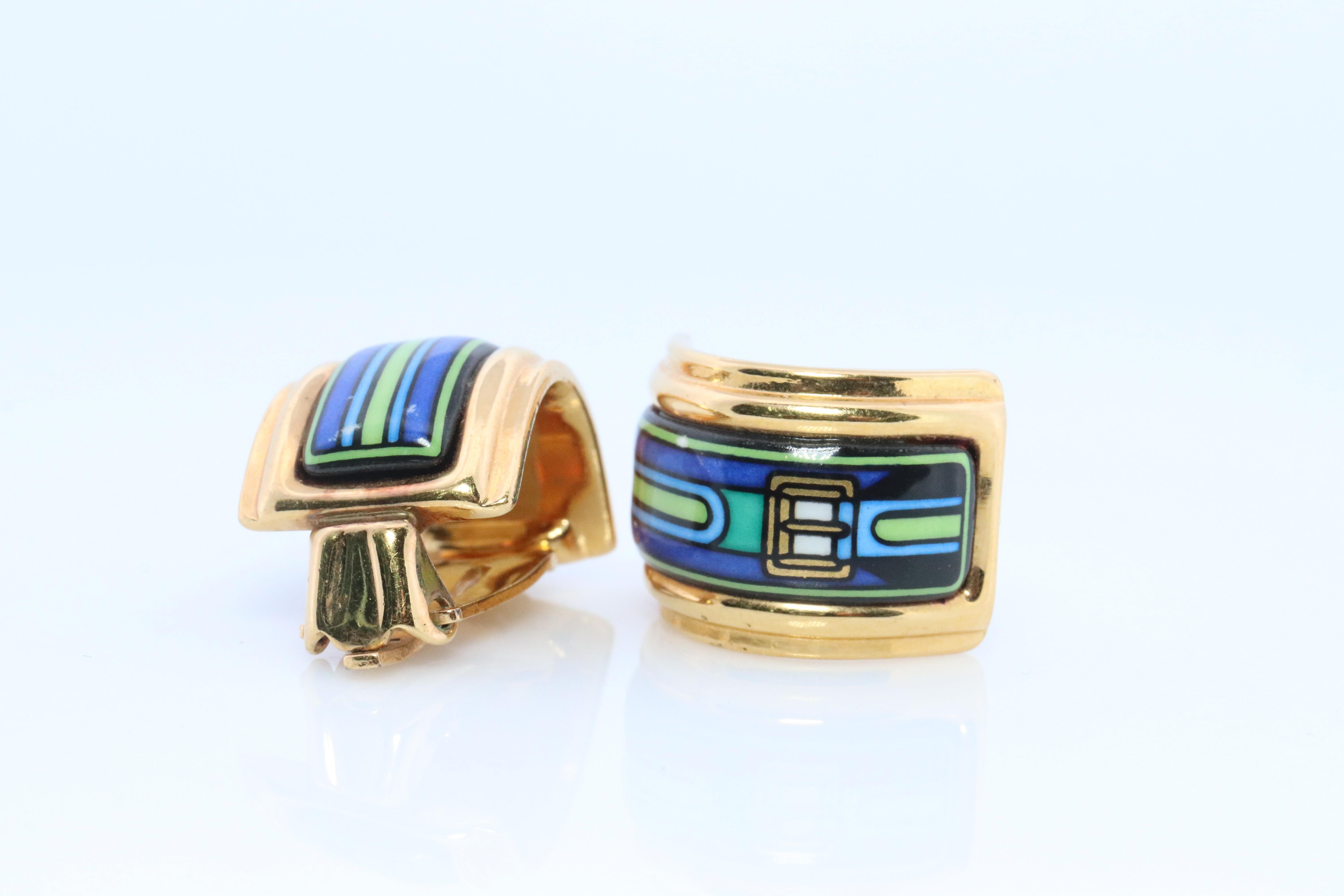 Rough Cut Hermes Earrings. Genuine Vintage Hermes cloisonne enamel golden earrings Clip on For Sale