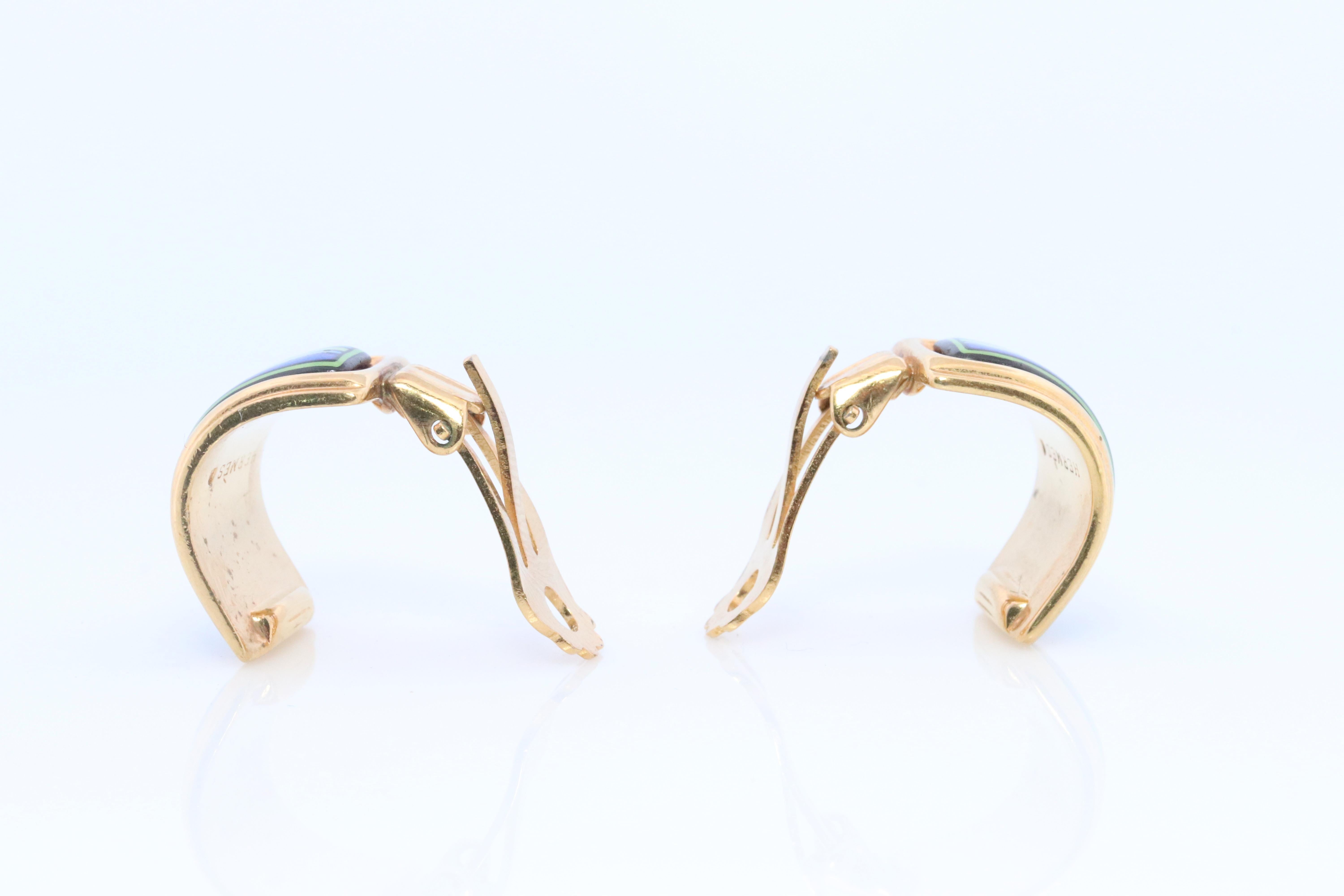 Hermes Earrings. Genuine Vintage Hermes cloisonne enamel golden earrings Clip on In Good Condition For Sale In Port Charlotte, FL