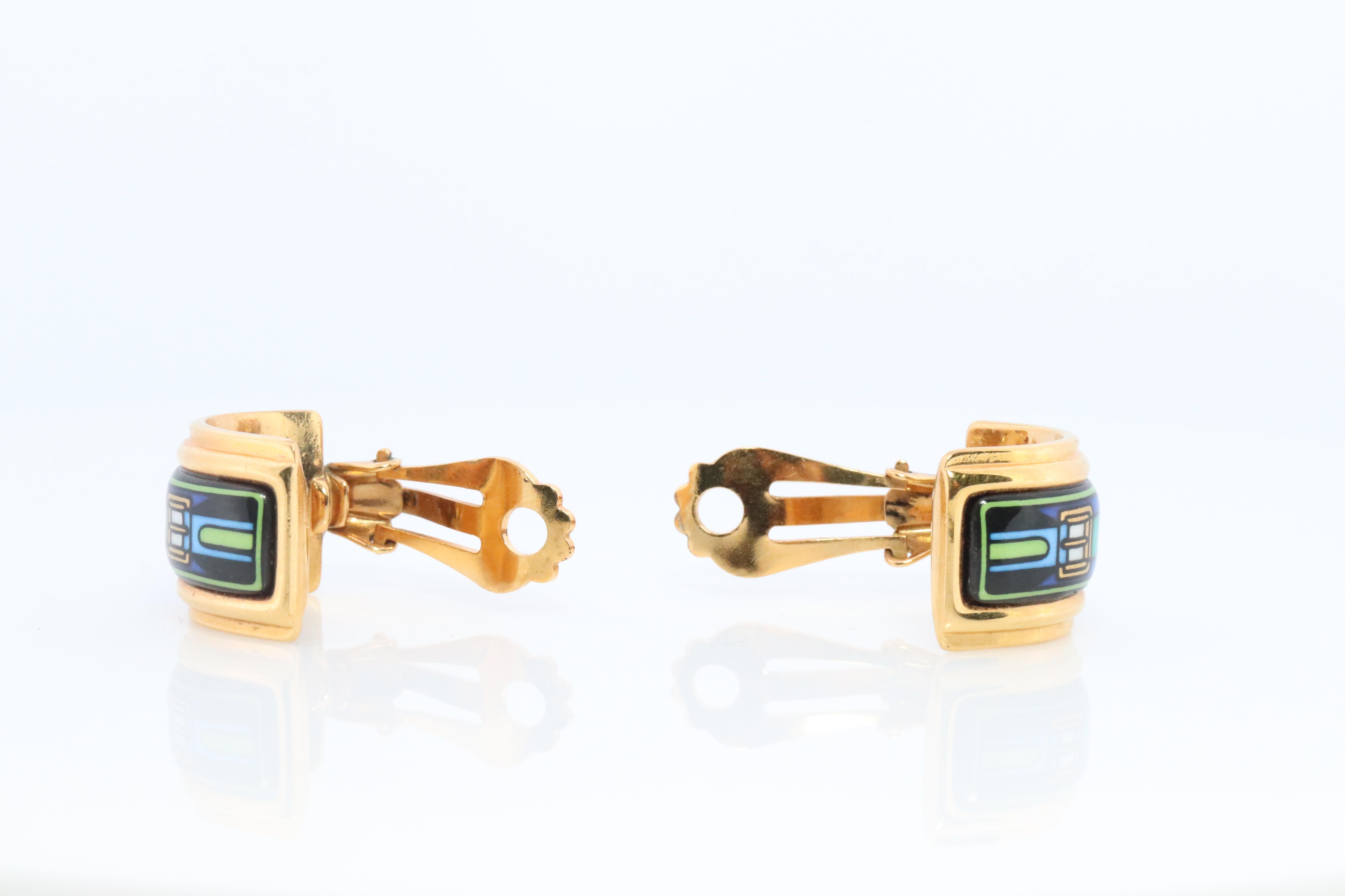 Hermes Earrings. Genuine Vintage Hermes cloisonne enamel golden earrings Clip on For Sale 1